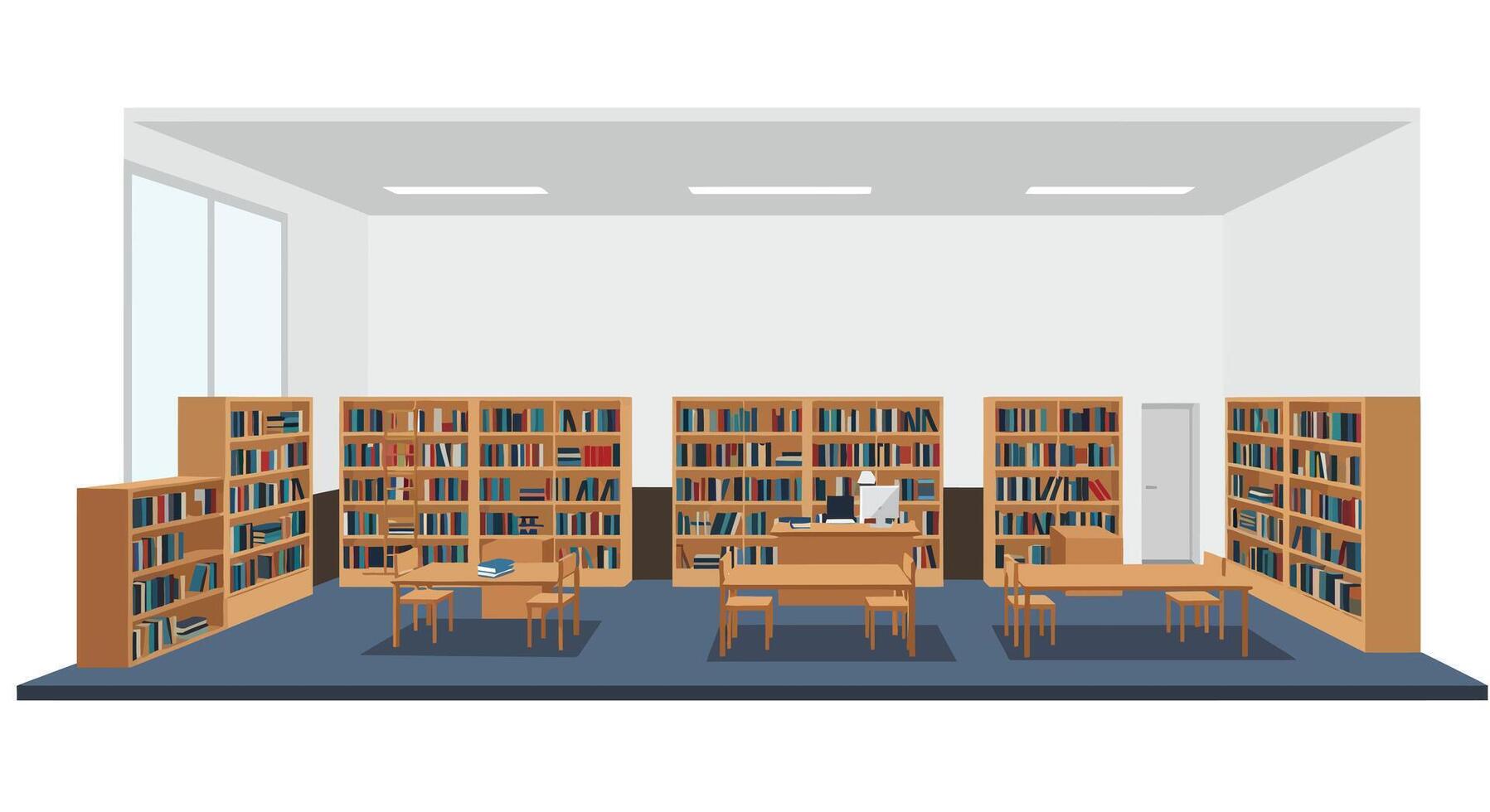 Library interior design featuring bookshelves and tables in flat art style illustration vector