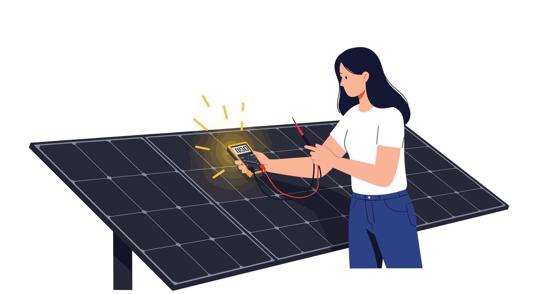 Woman testing solar panel with multimeter in flat art style vector