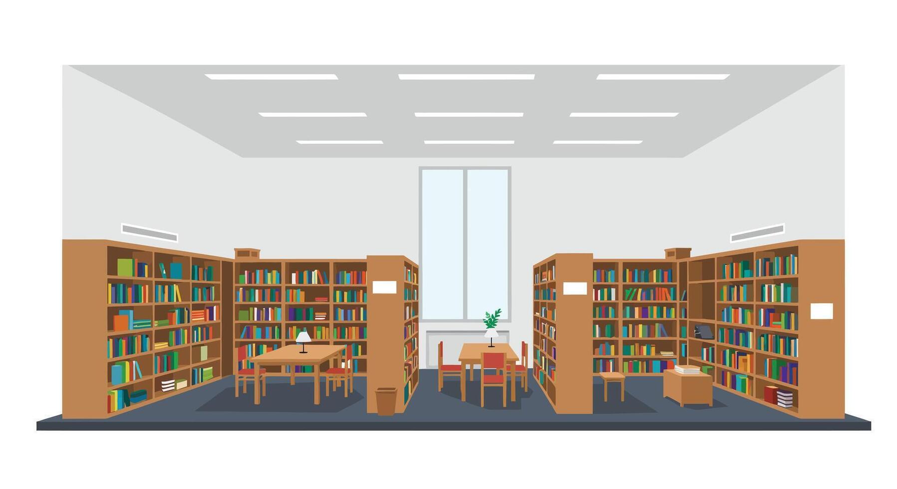 Library interior design with wooden shelves and tables in flat art vector