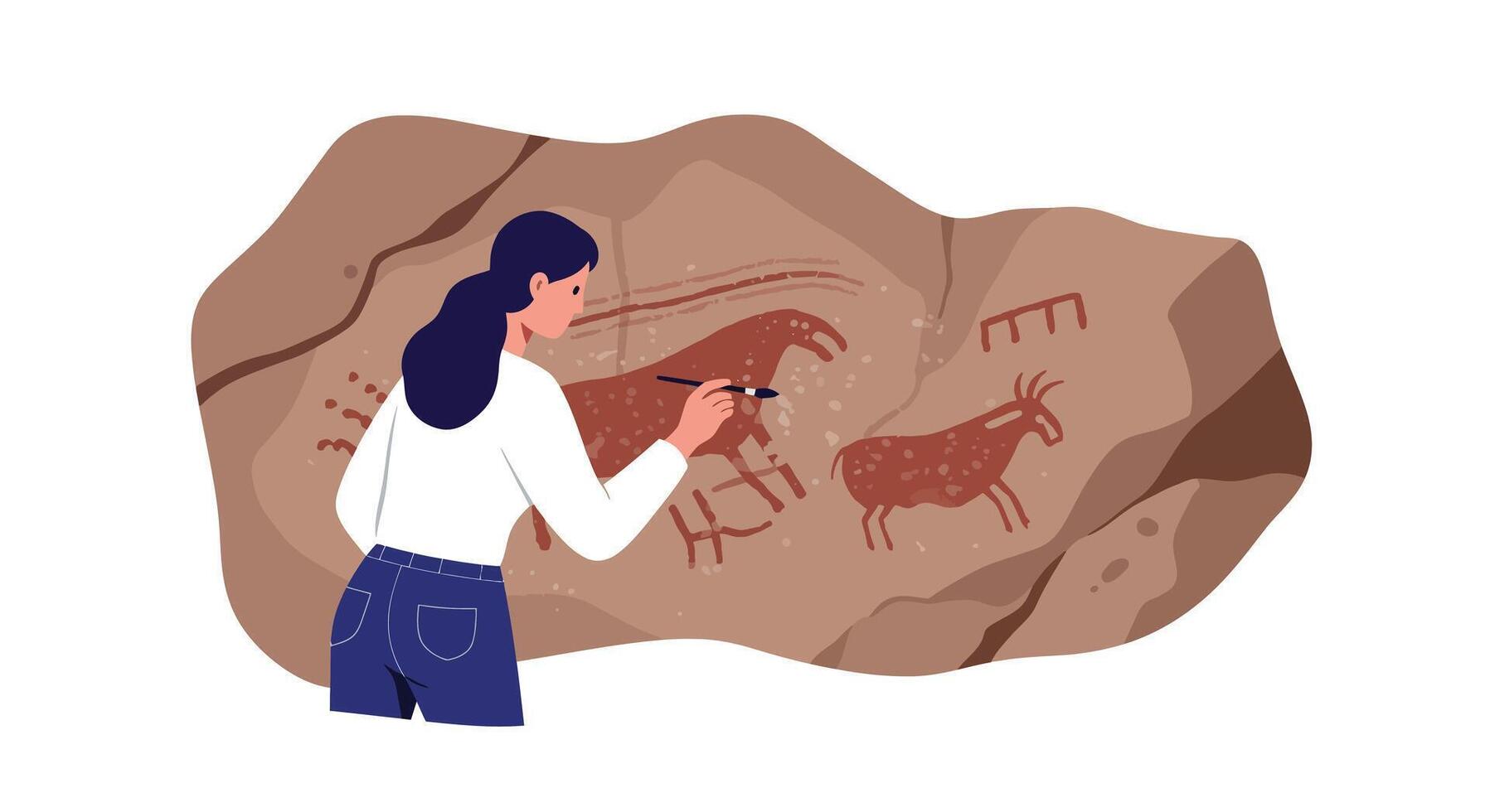 Artist creating cave paintings on rock surface in flat art vector