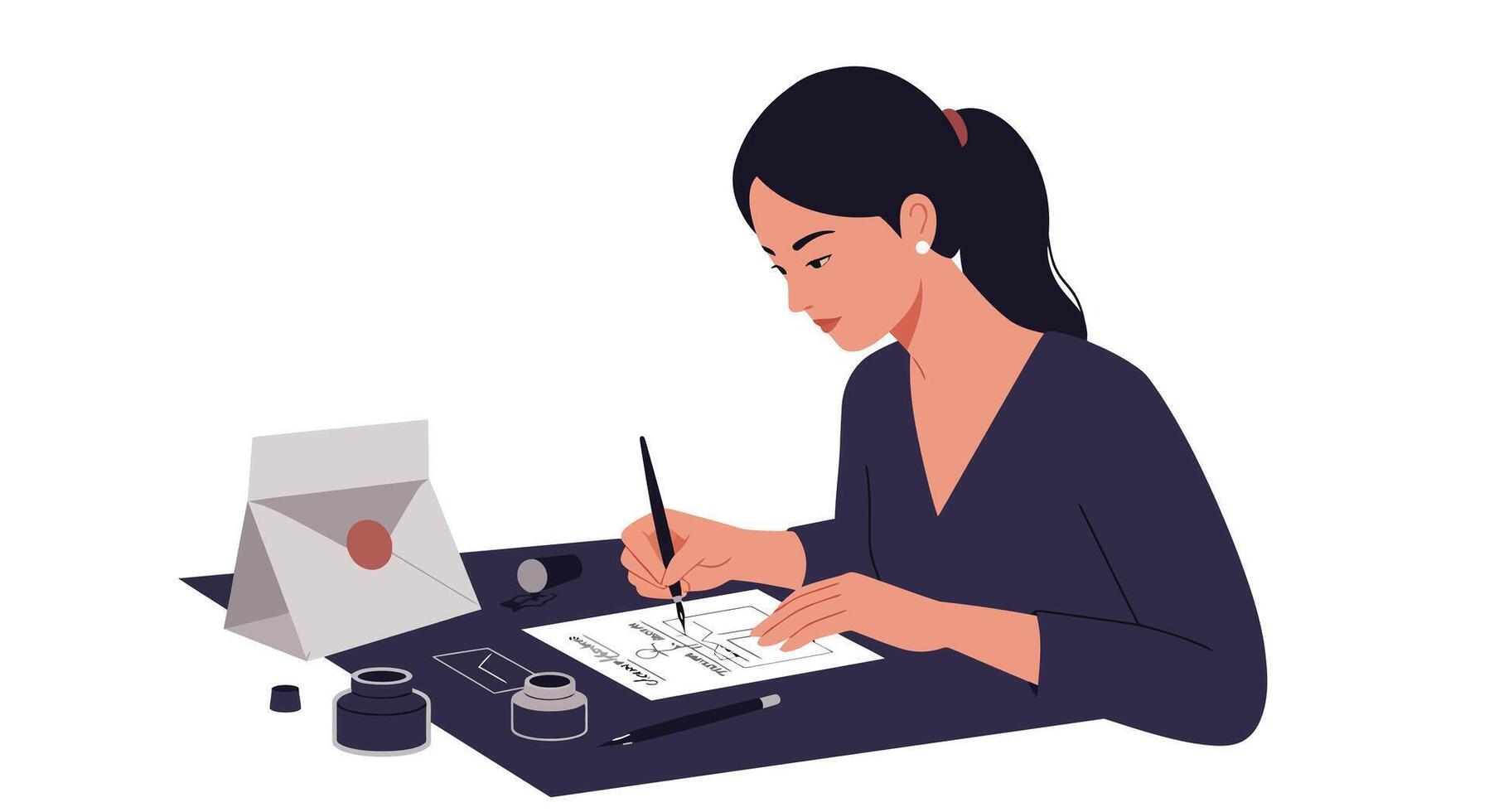 Woman writing a letter with ink on paper in flat art vector
