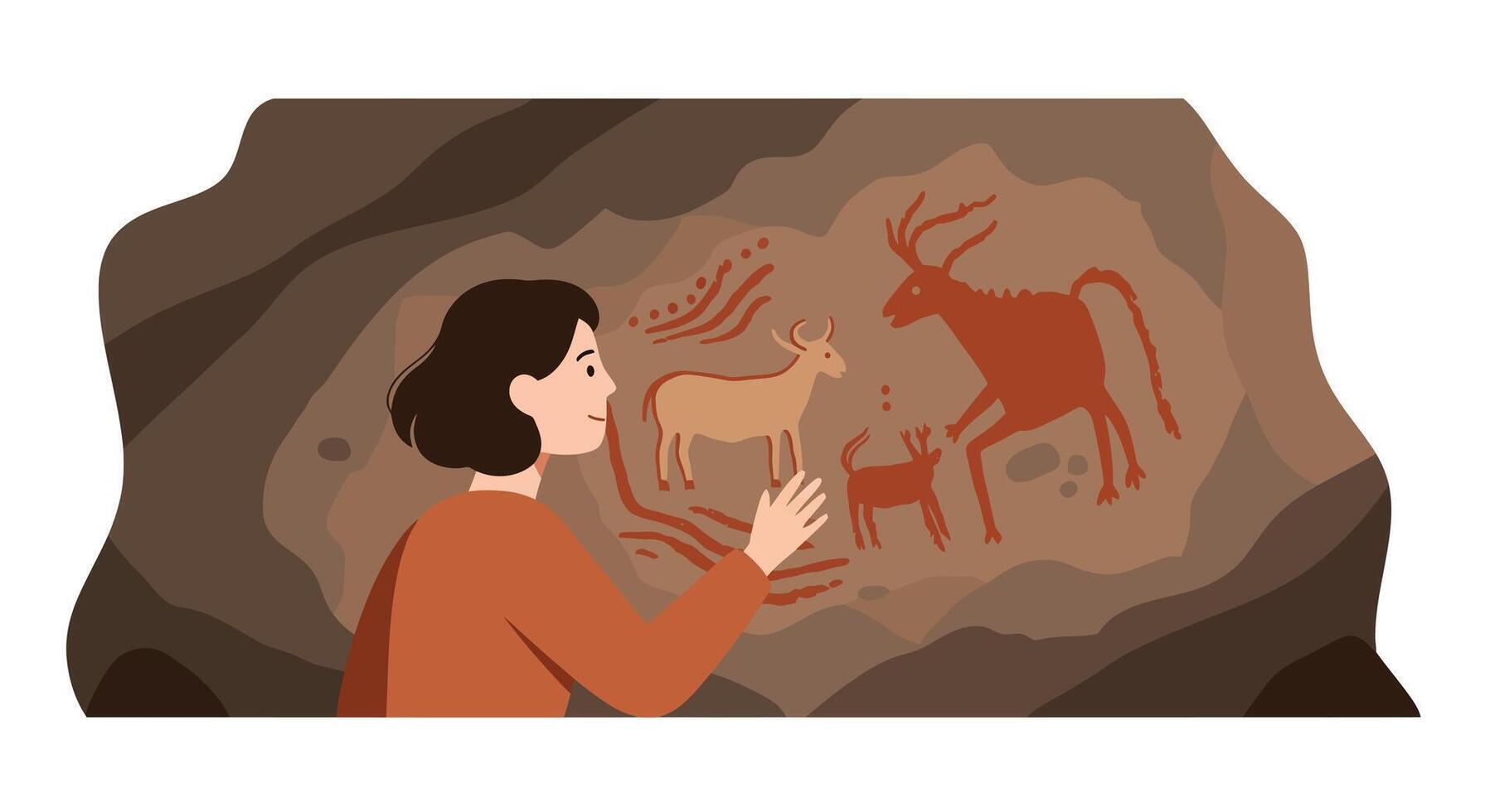 Woman interacting with ancient cave paintings in minimal flat art vector