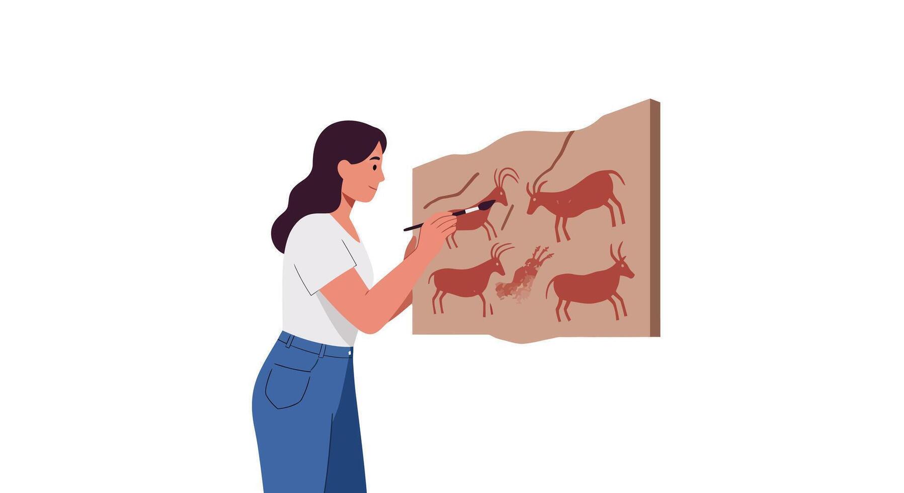 Woman creating cave art with animals in detailed flat illustration vector