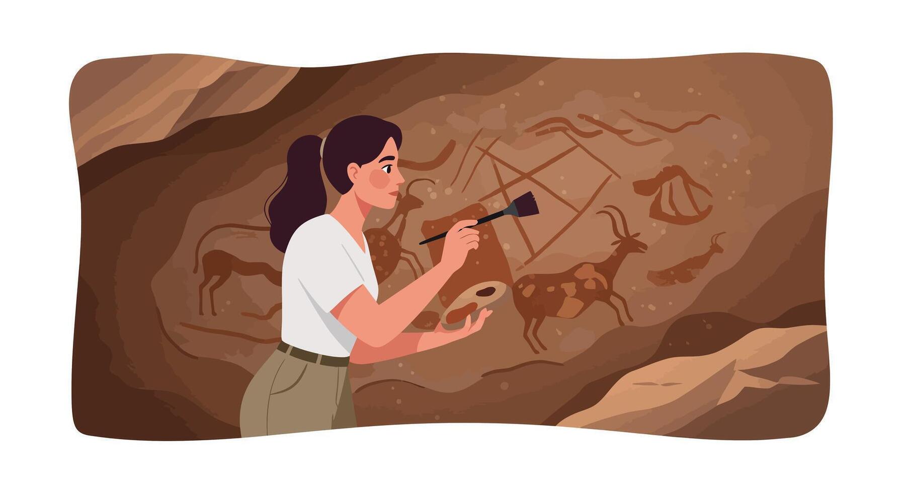 Archaeologist discovering ancient cave art in detailed flat illustration vector