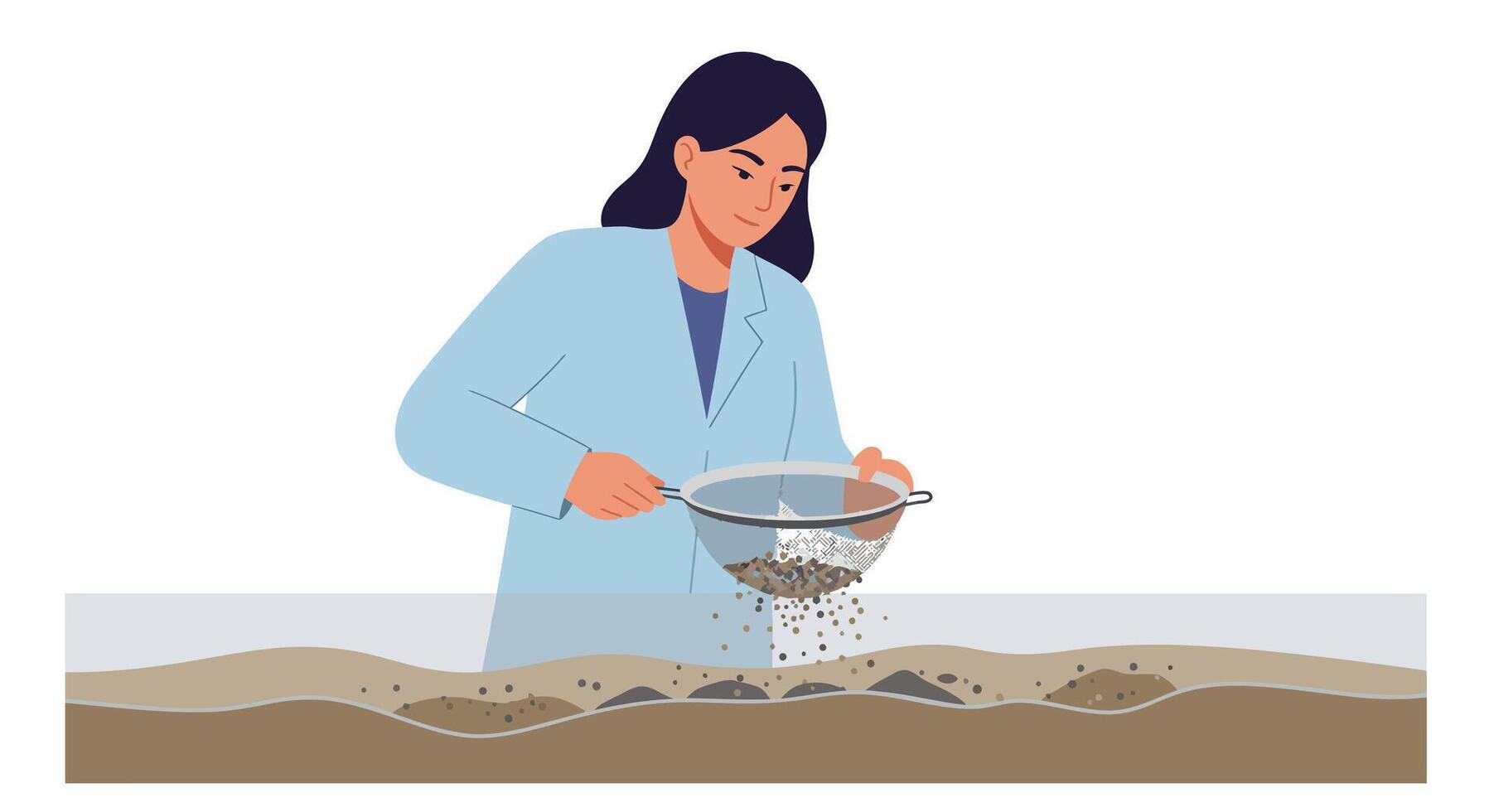 Female scientist sifting soil samples in a lab environment using flat art vector