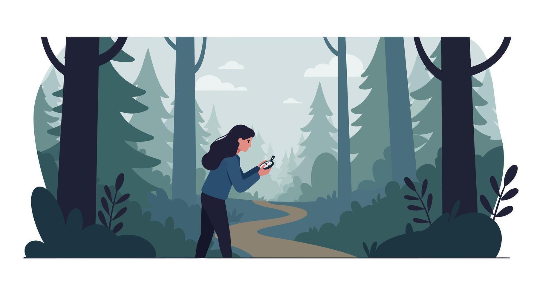 Woman using smartphone while walking through a flat forest landscape art vector