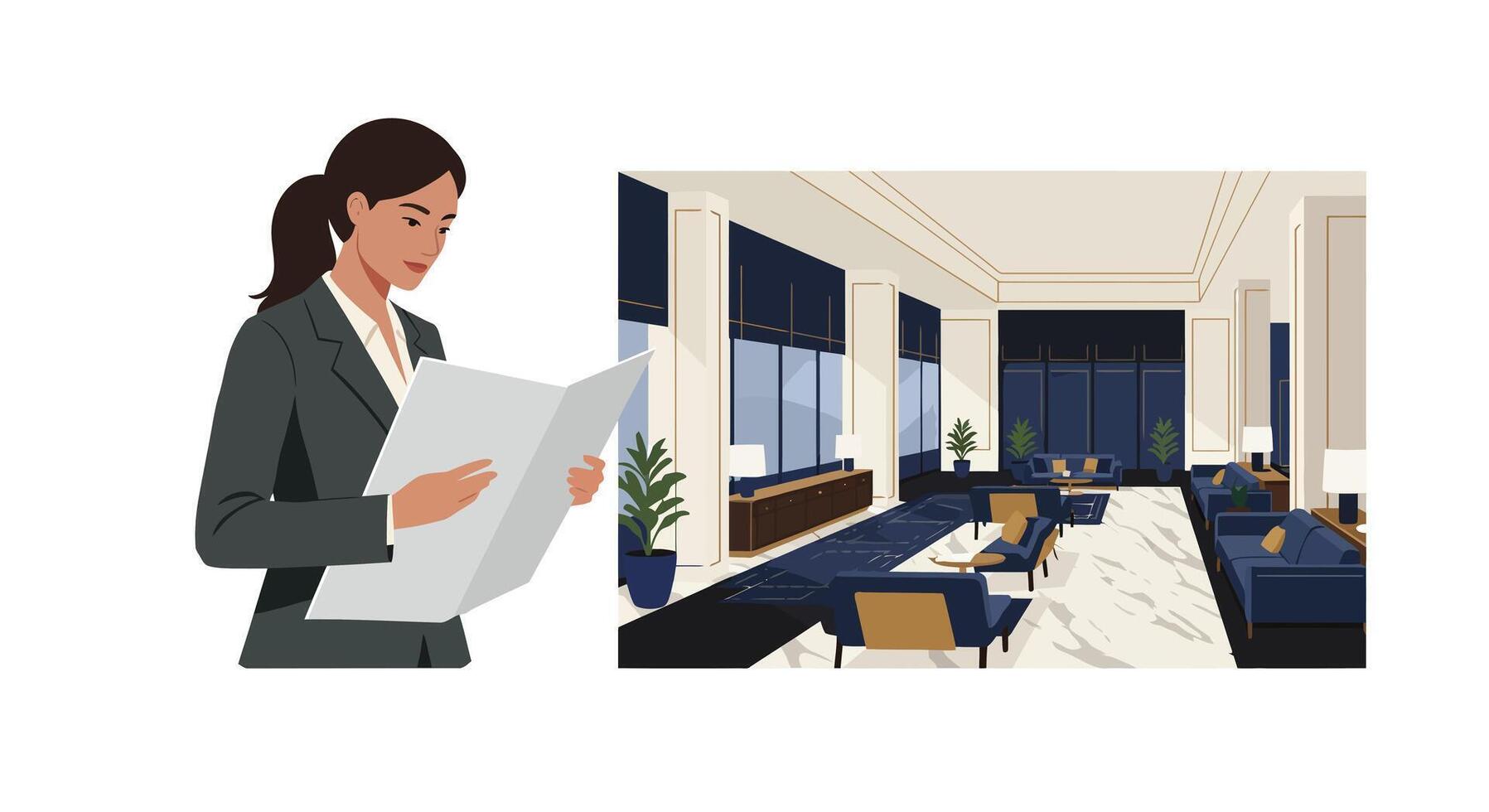 Businesswoman reading document in modern office flat art vector