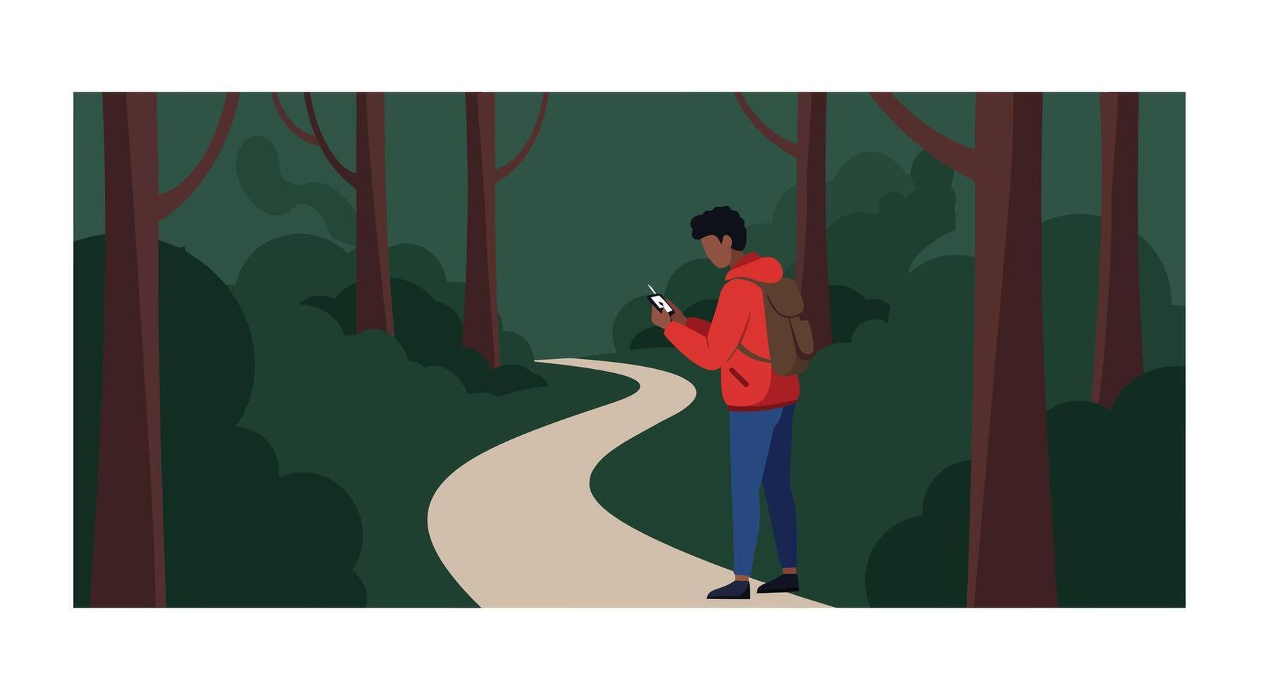 Person in a forest checking phone while wearing red jacket minimalist art vector