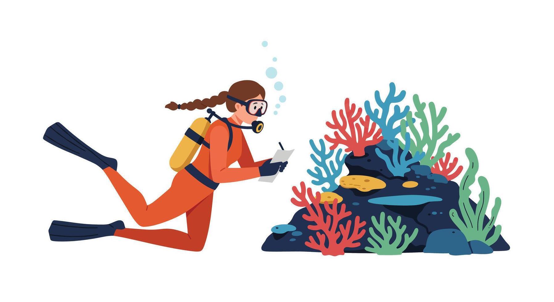 Diver exploring vibrant coral reef in detailed flat illustration vector