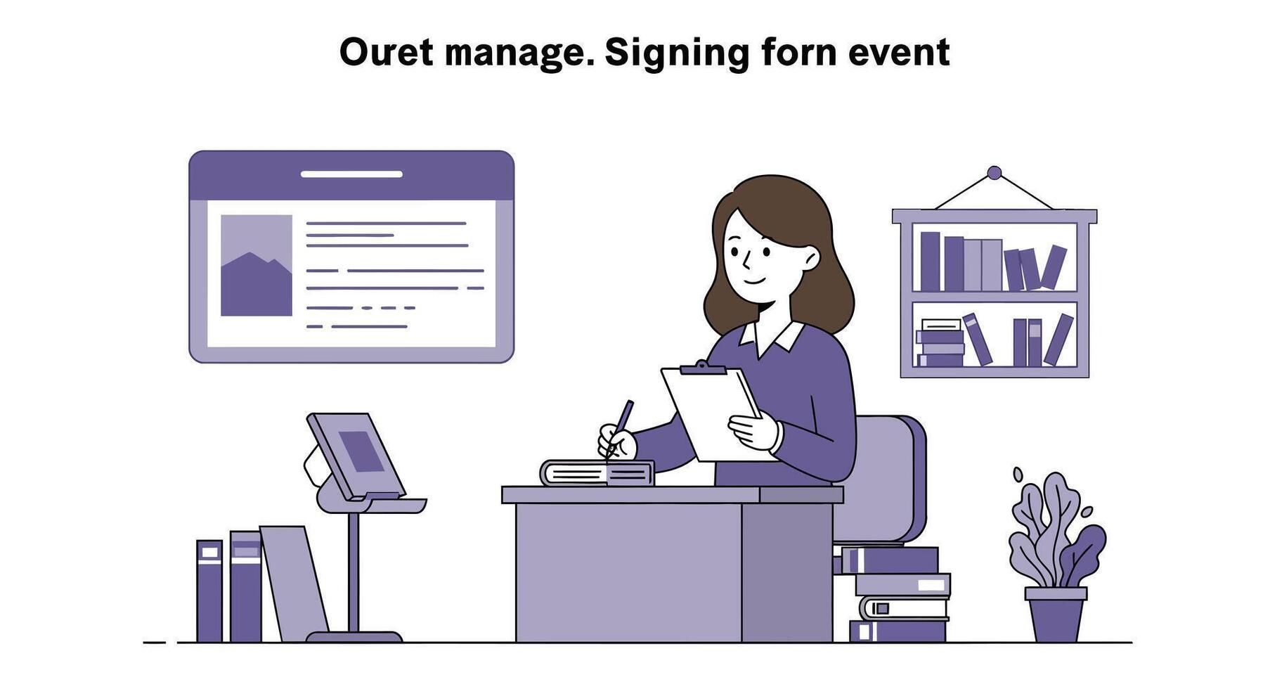 Office scene with woman signing documents in minimal flat art vector