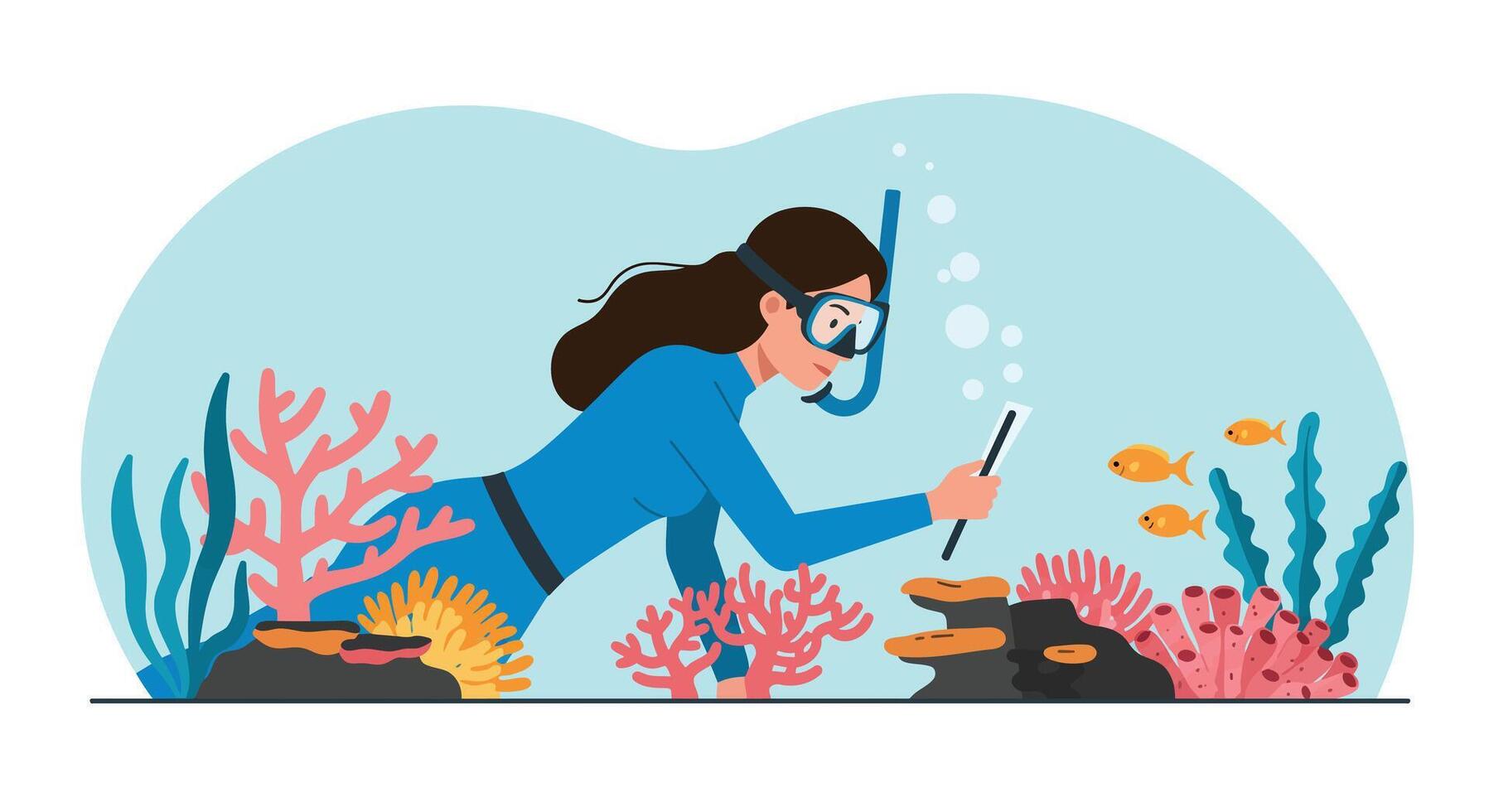 Diver exploring vibrant coral reef in flat art style vector