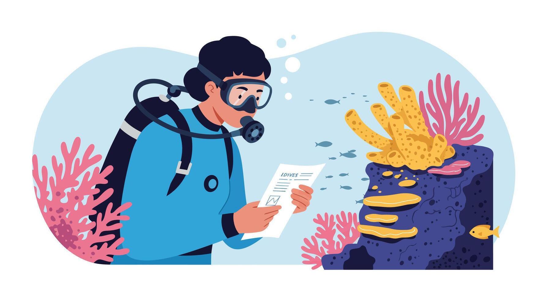 Diver examining coral reef in detailed flat illustration vector