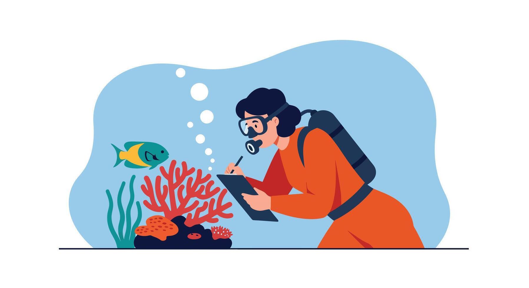 Diver observing coral reef with fish in minimal flat design art vector