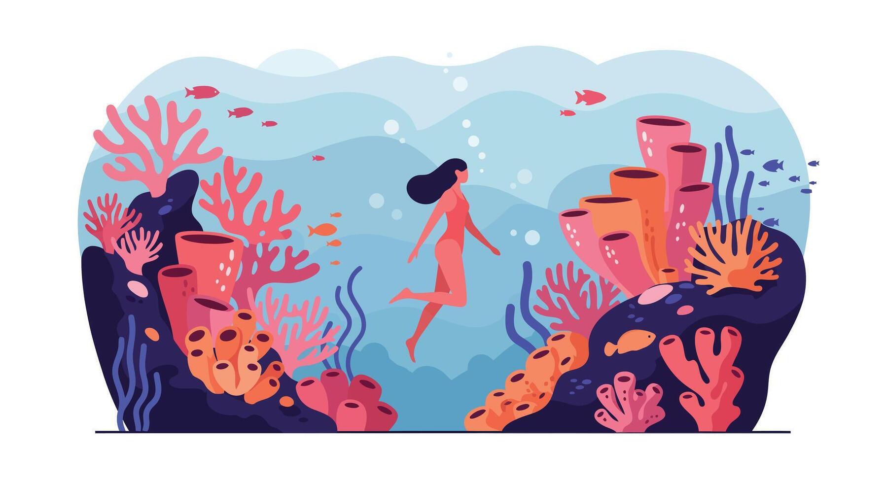 Underwater scene with coral reefs and a swimmer in flat art vector