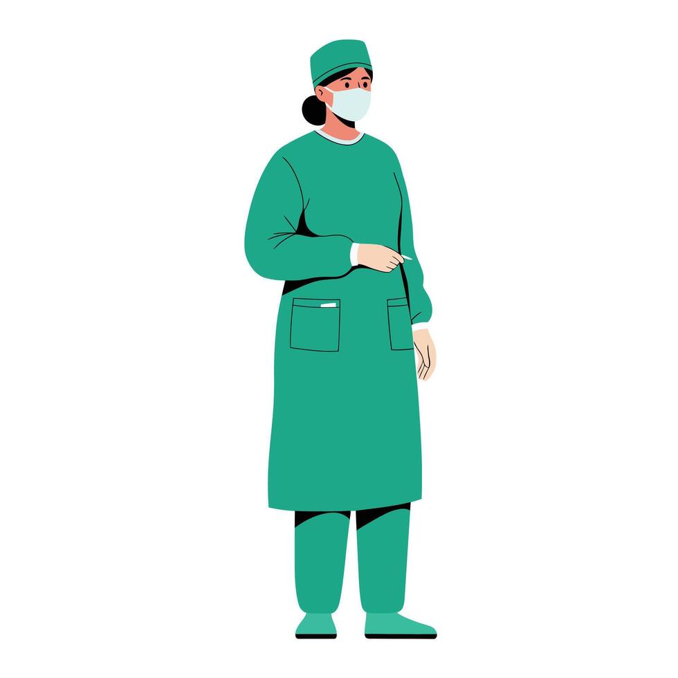 Medical professional in surgical attire, minimal design style, standing pose, illustration vector