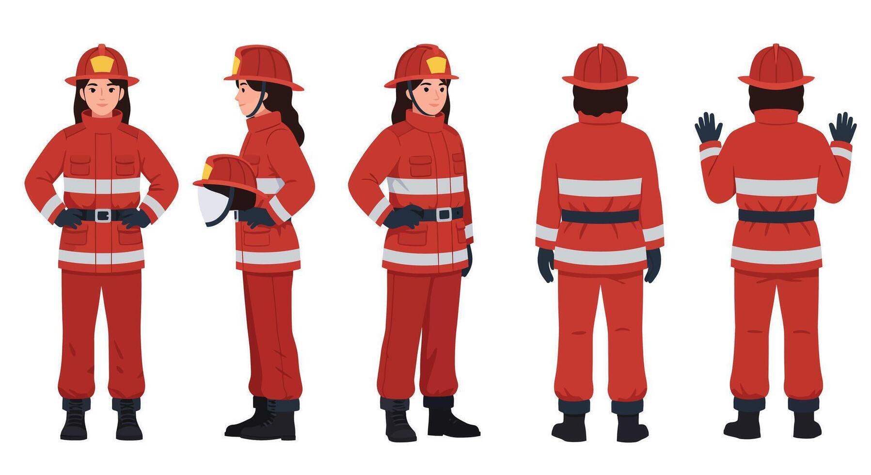 Firefighter character design in flat style showcasing multiple poses illustration vector