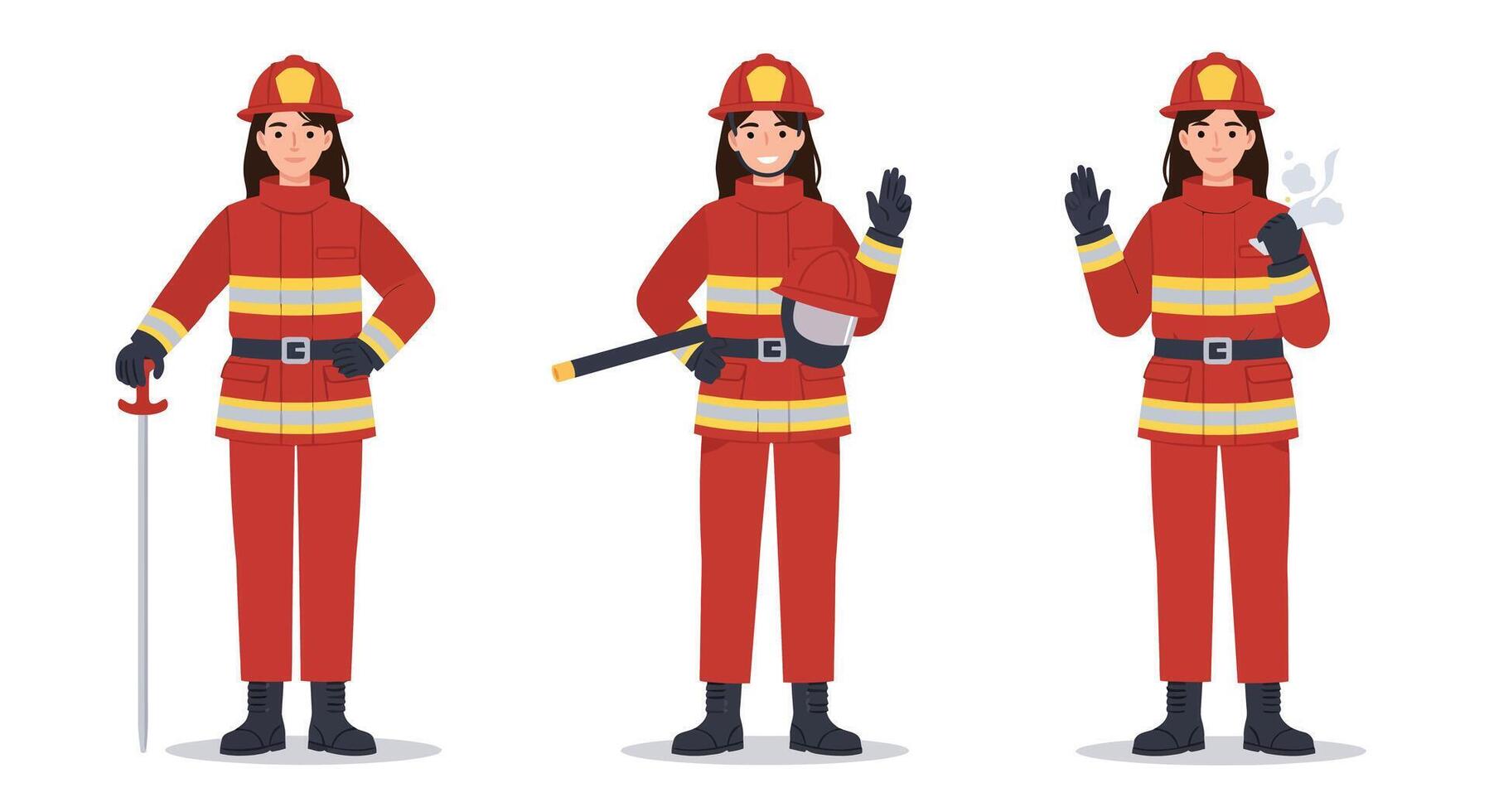 Female firefighter in three poses showcasing flat design style art vector