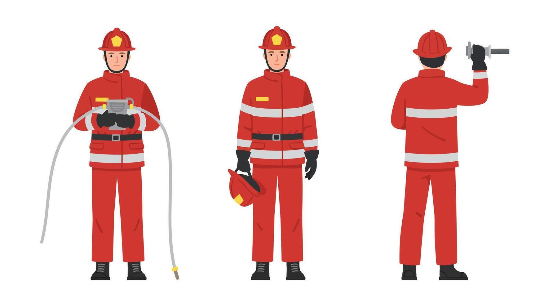 Firefighter character in action with minimal design showing three frames of art vector
