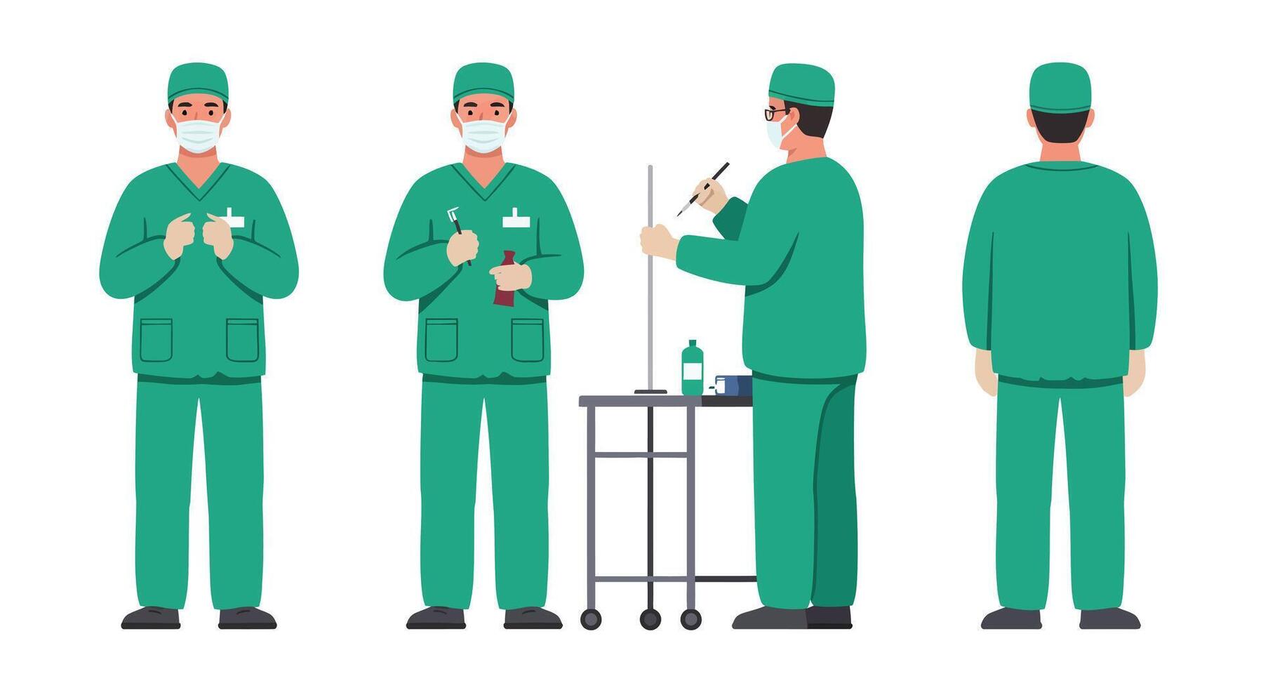 Medical professional in green scrubs performing tasks in flat art vector