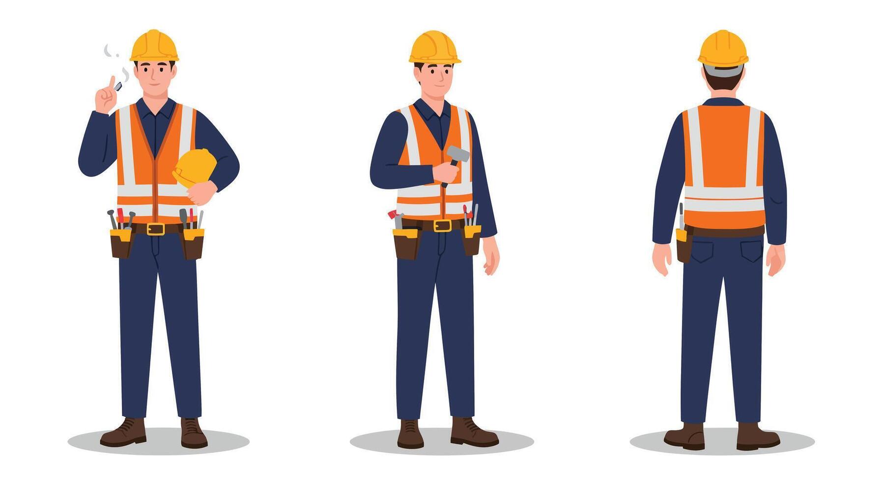 Construction worker in safety gear, flat design, showcasing multiple poses in art vector