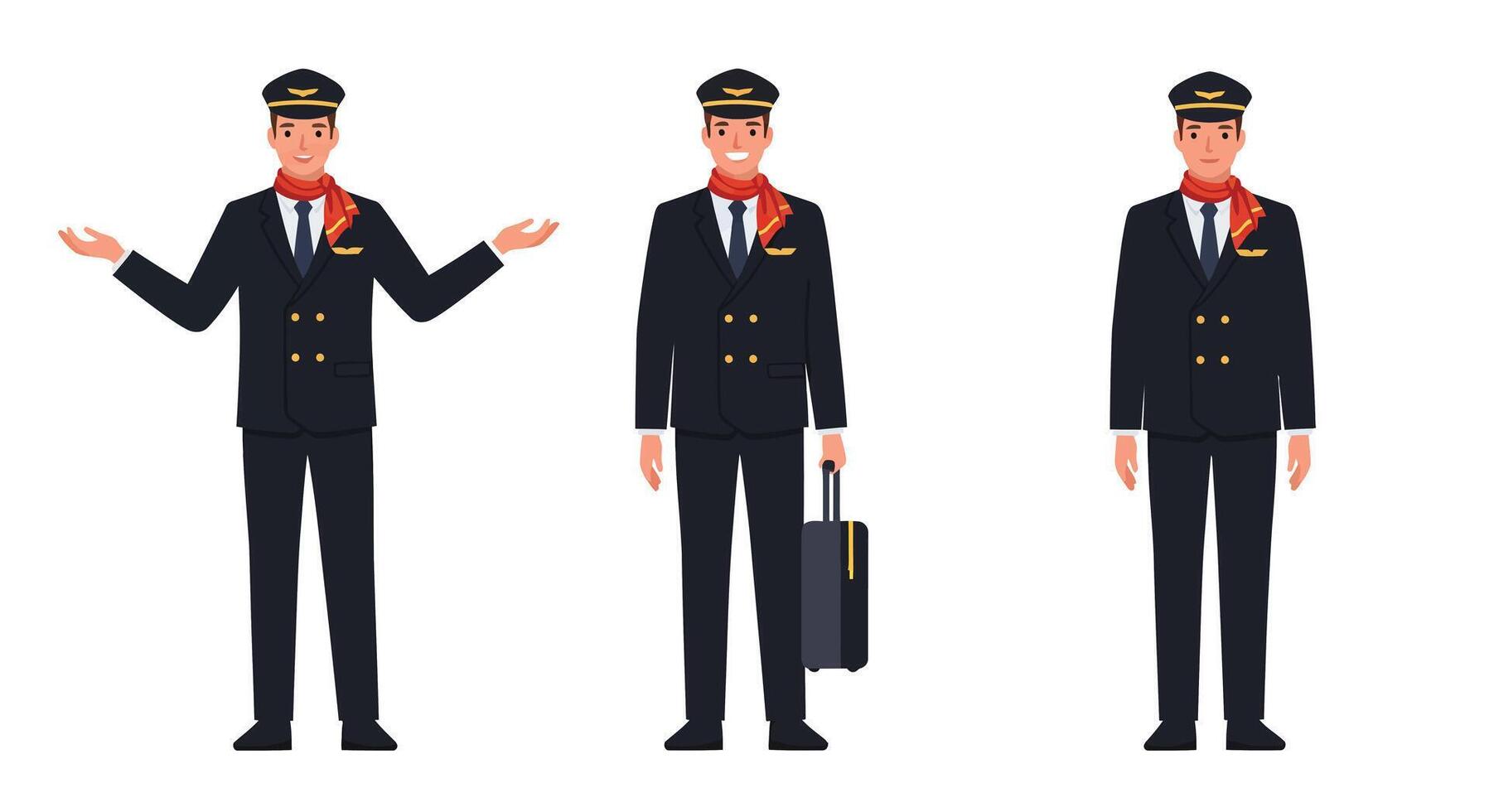 Flight attendant character transitions in flat art style showing different poses and expressions vector
