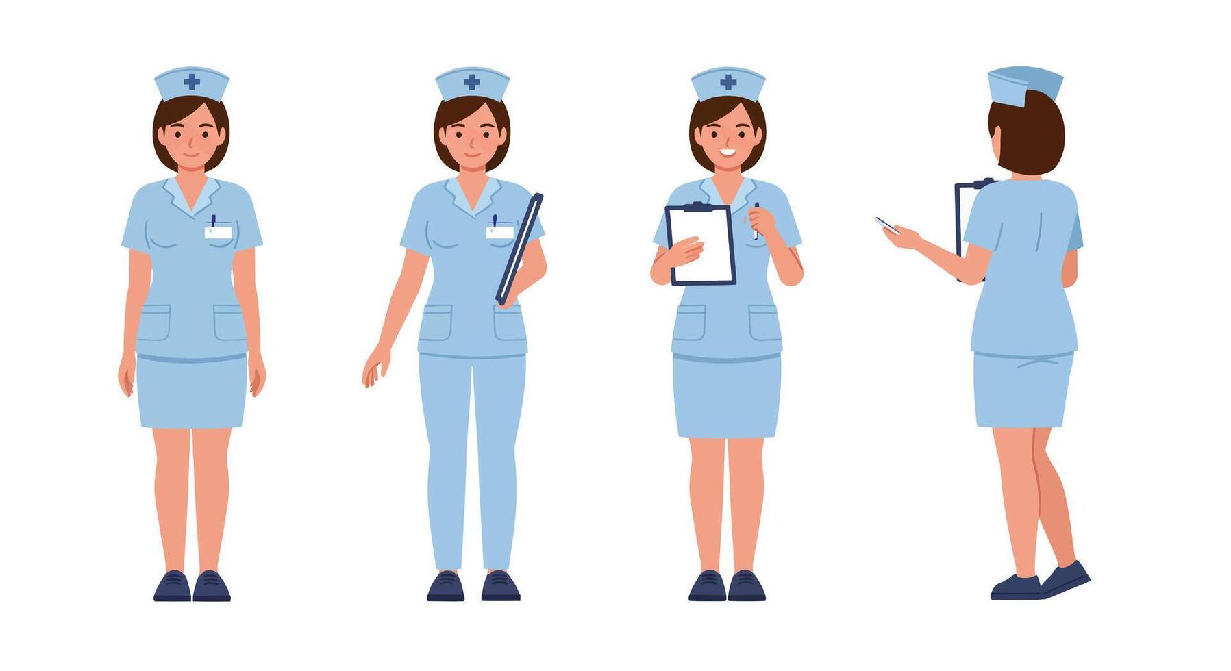 Nurse character transformation in minimal style across four frames illustration vector