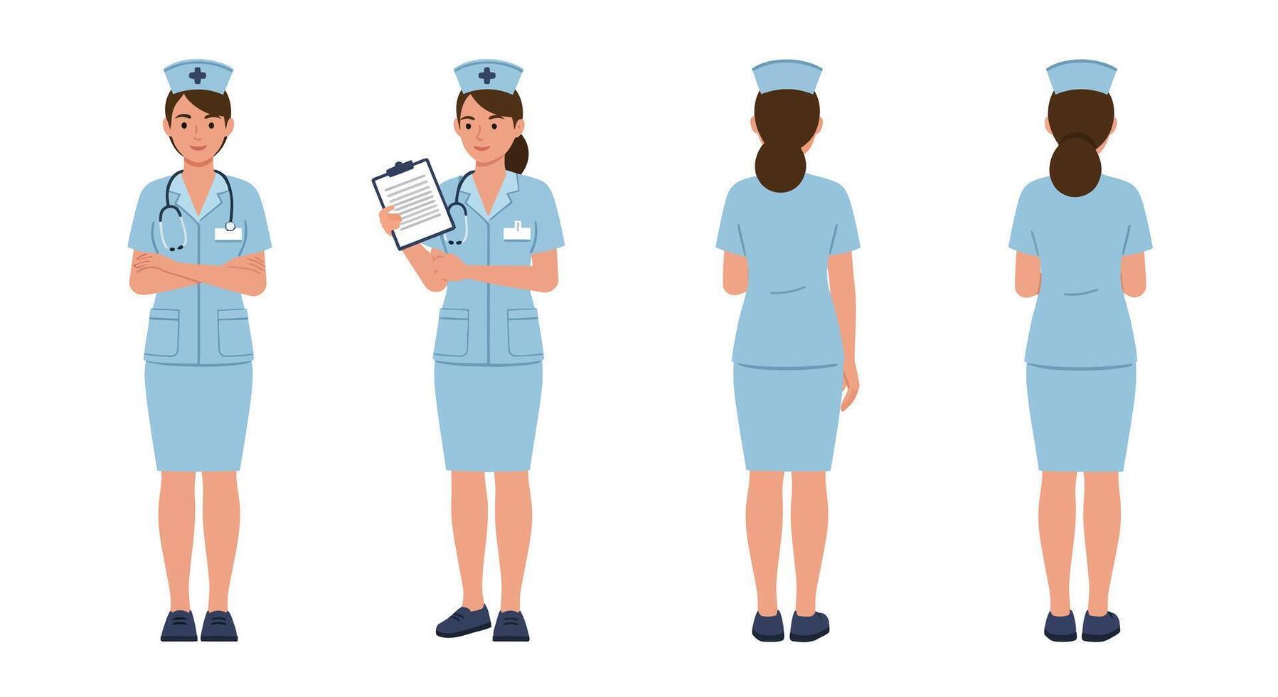 Nurse character showcasing different poses in minimal style illustration vector