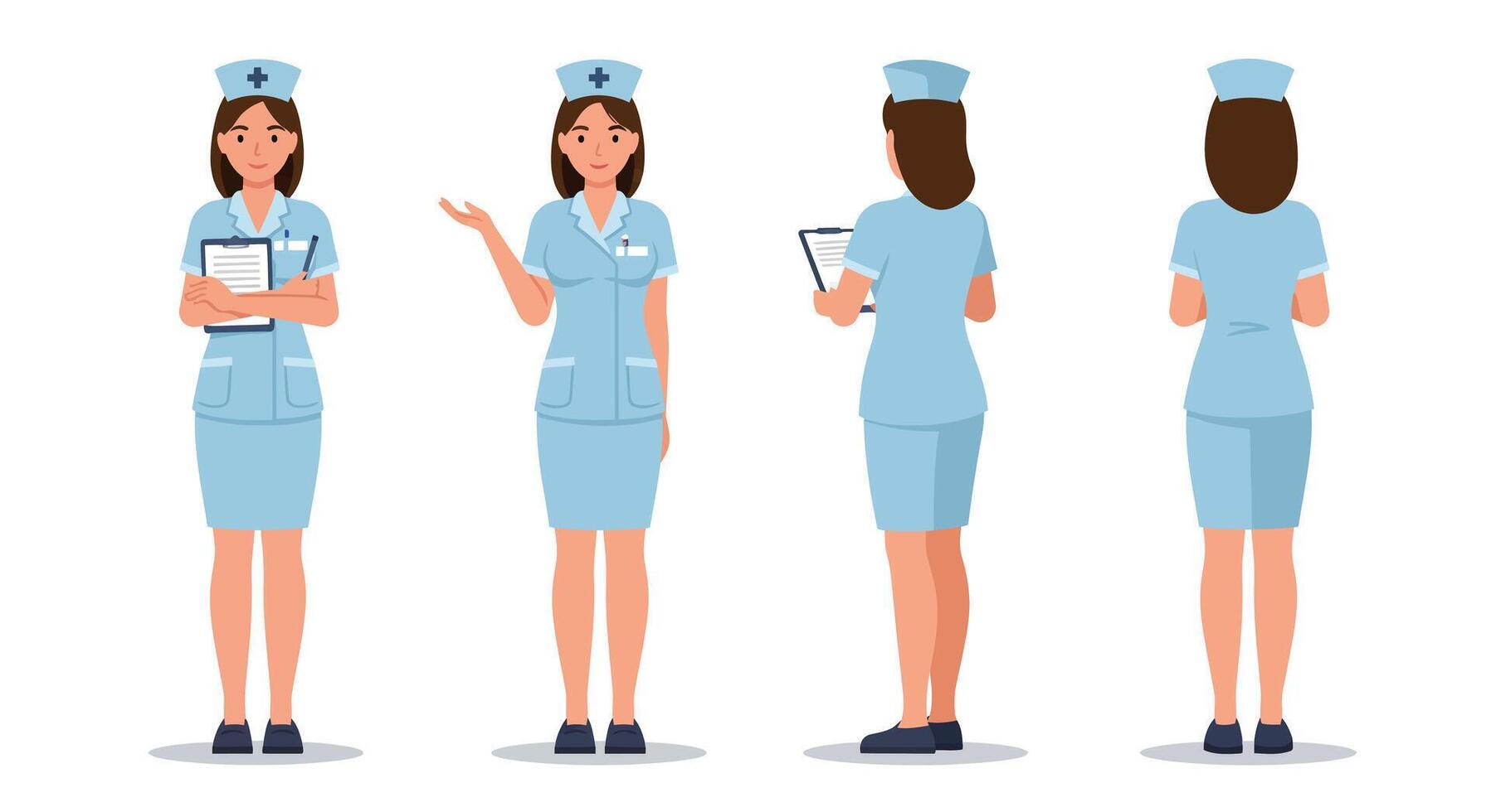 Nurse character in different poses showcasing flat illustration style vector