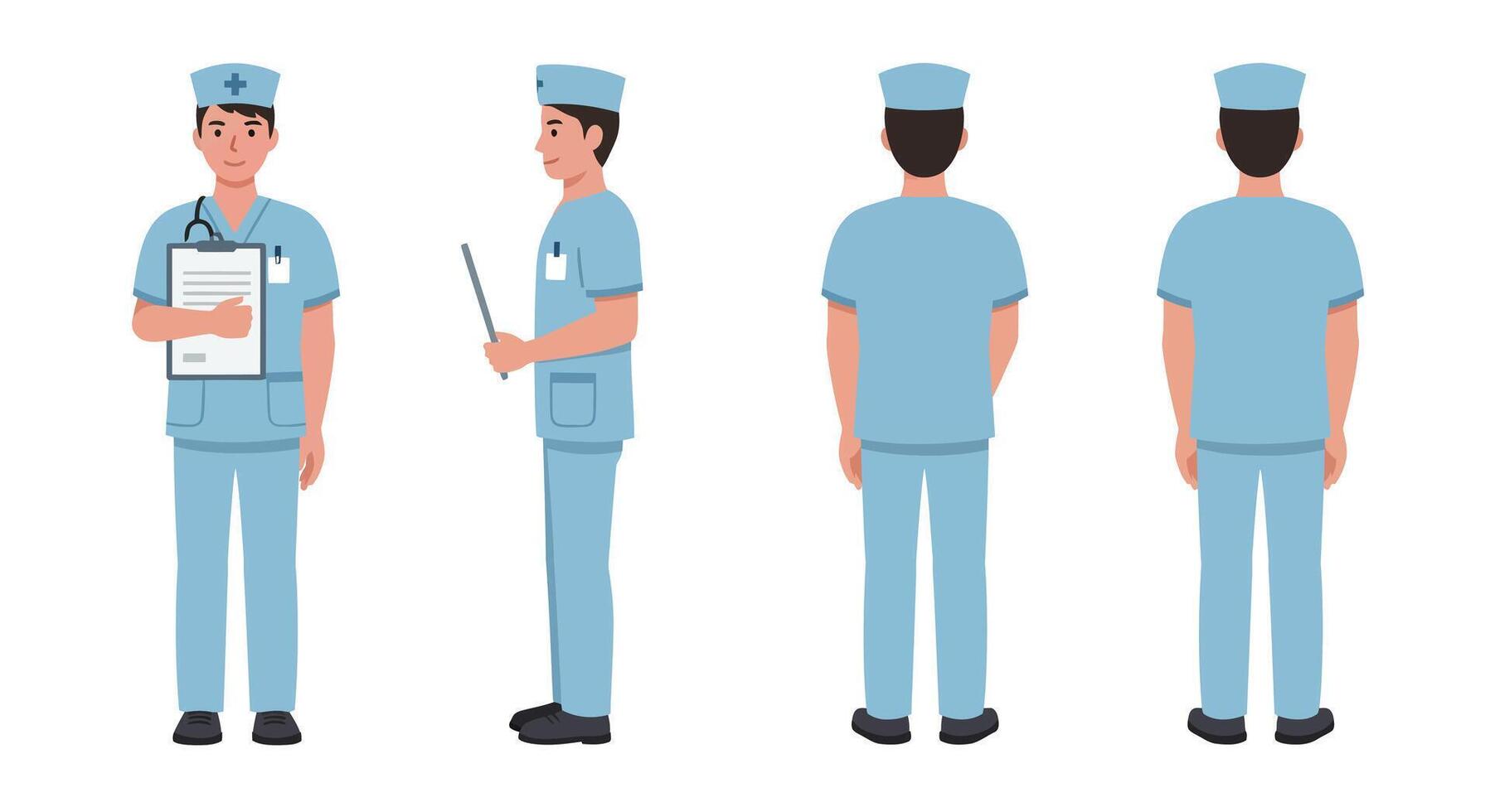 Healthcare professional in blue scrubs showcasing various poses in flat illustration vector