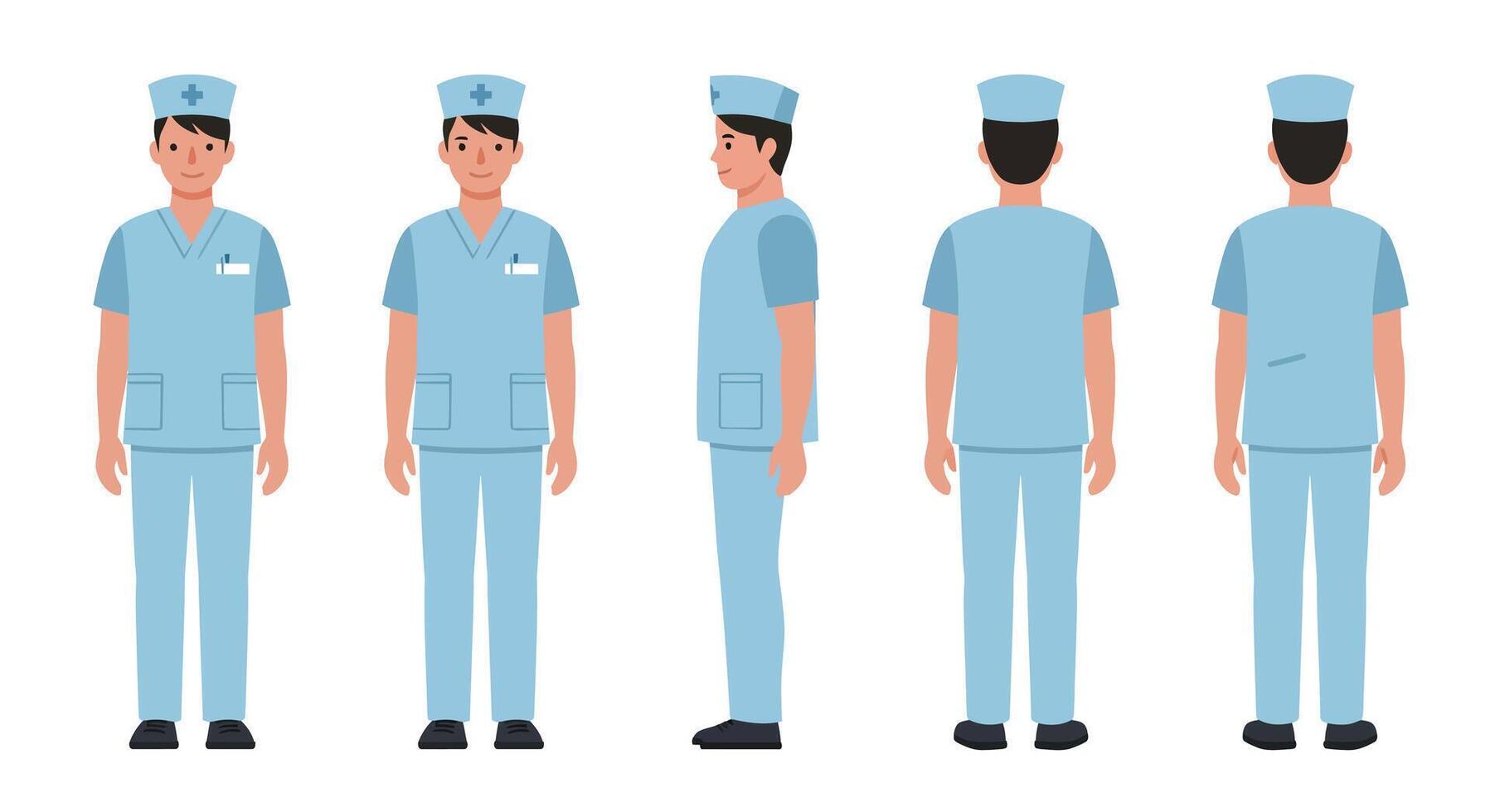 Medical professional character design in flat style showcasing multiple angles illustration vector