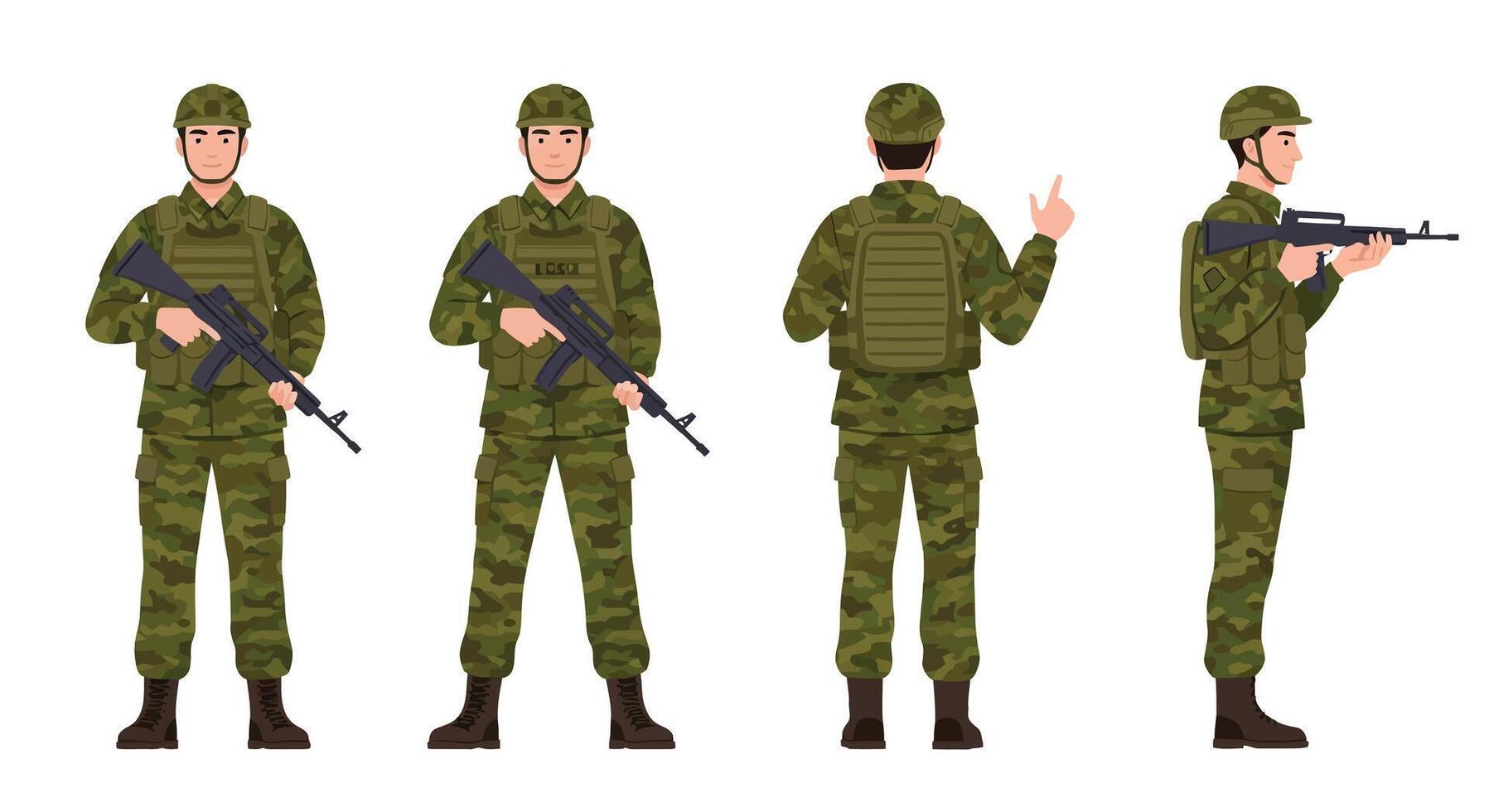 Soldier in military uniform illustrated in detailed art style showing multiple poses and actions in illustration vector