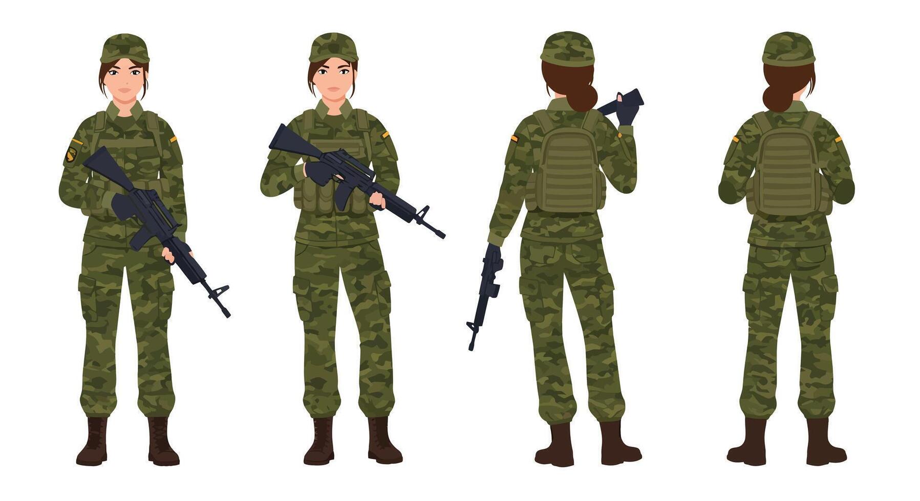 Female soldier character design in military uniform flat art vector