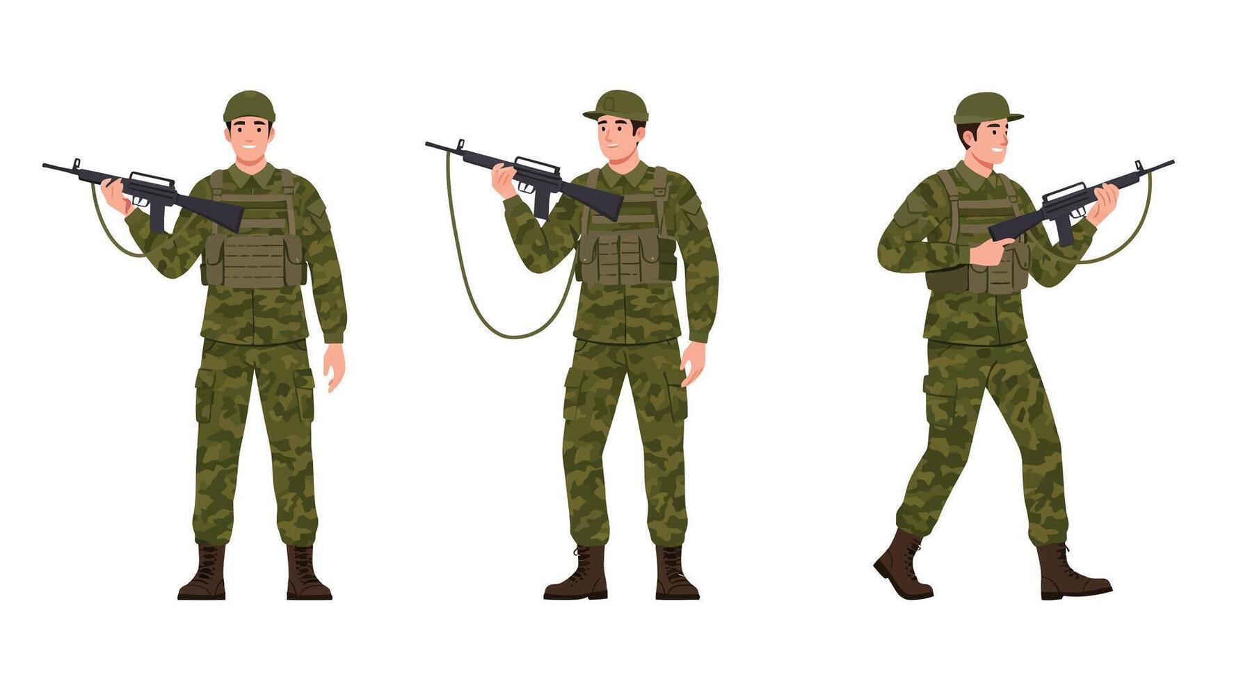 Soldier in camouflage uniform showing different poses in flat art vector