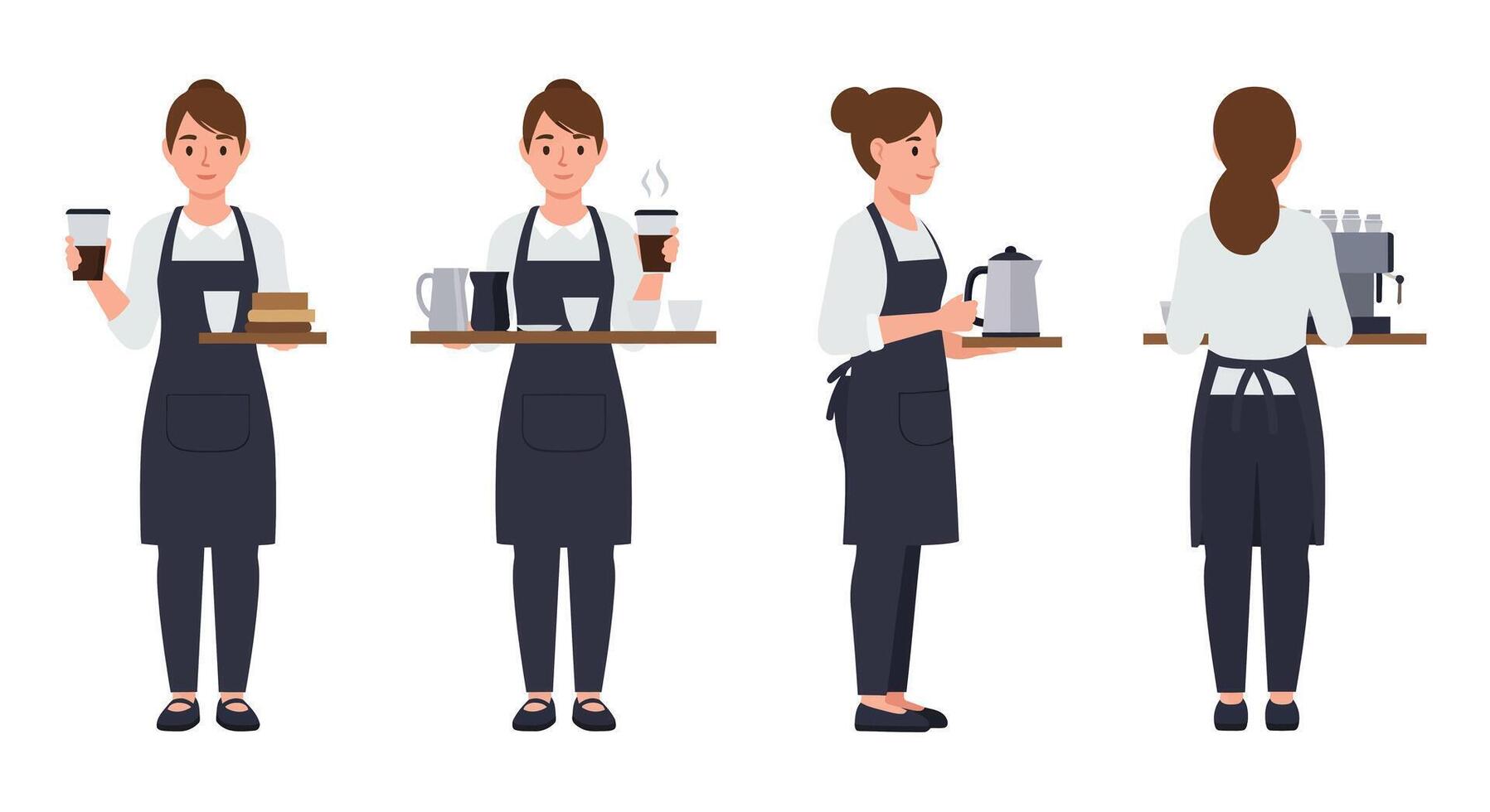 Coffee shop waitress serving drinks and pastries in flat art vector