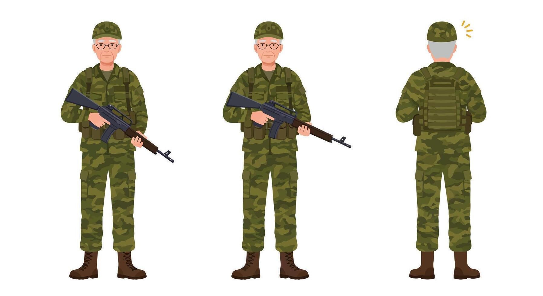 Detailed soldier character design in flat style showcasing three poses in art vector
