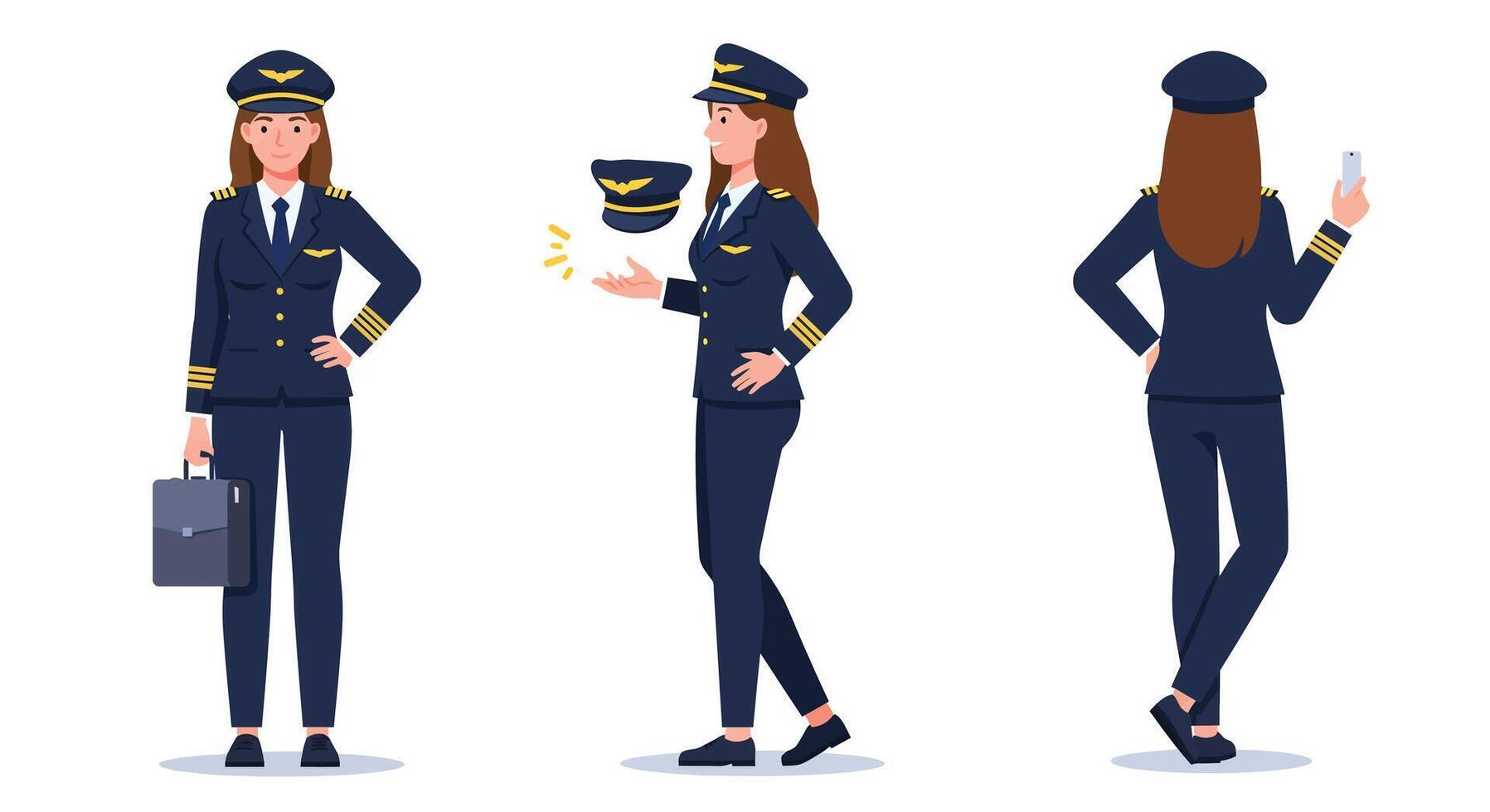 Female pilot character in various poses flat illustration vector