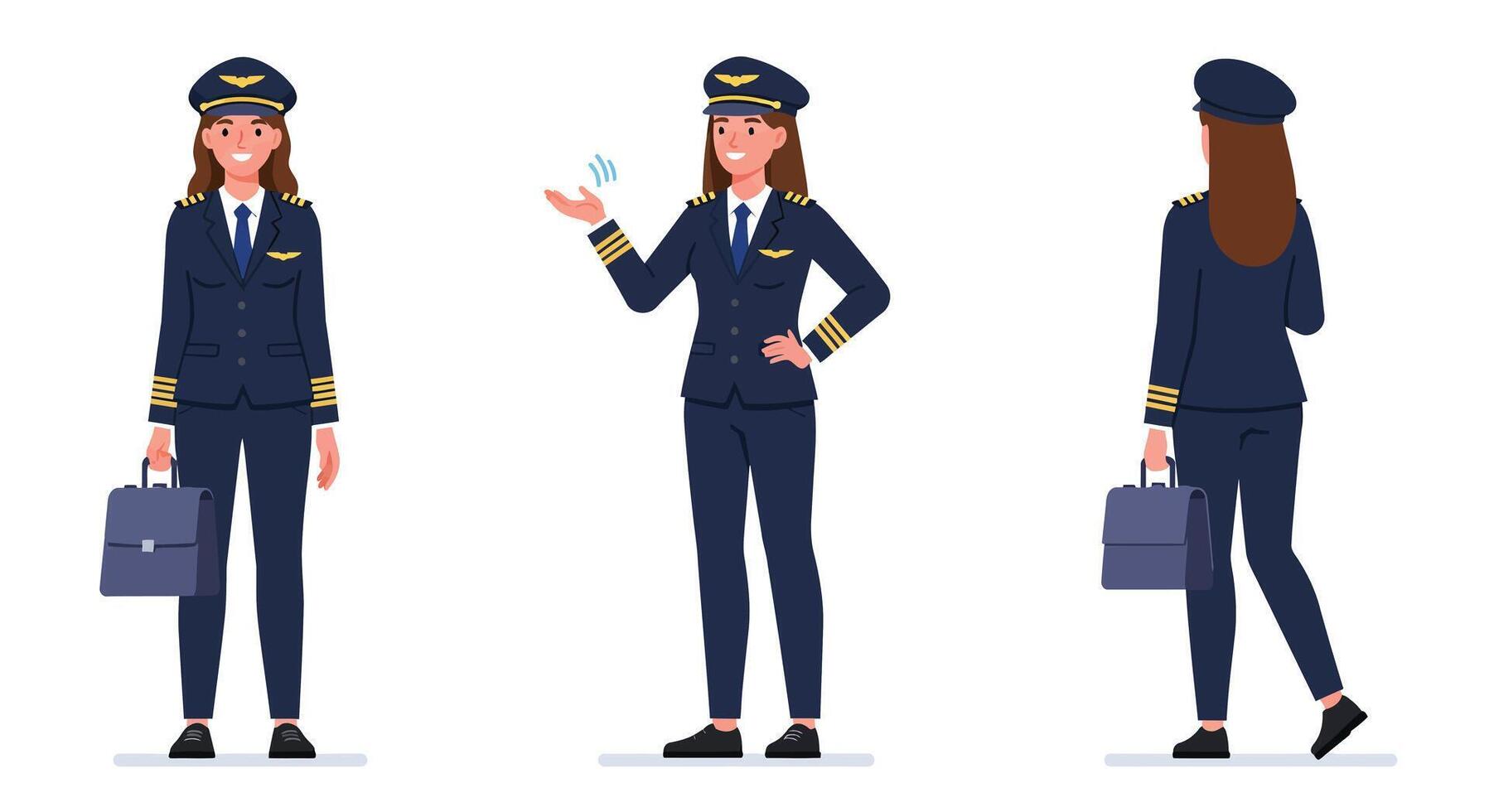 Female airline pilot character in flat design illustration showing different poses and expressions vector