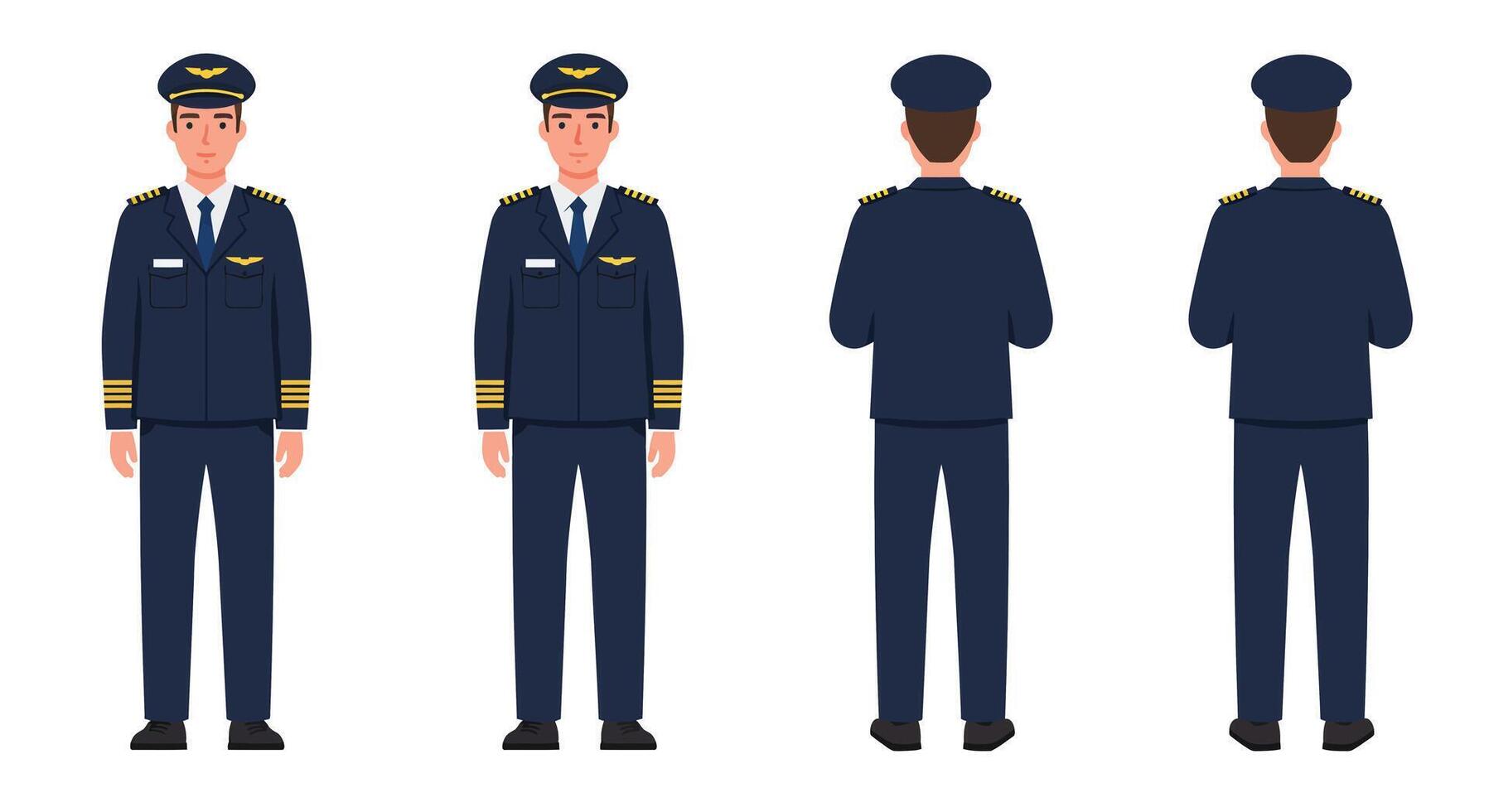Pilot character design in flat style showcasing multiple angles in art vector