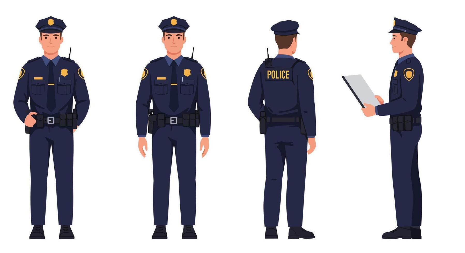 Police officer character in different poses with flat design style illustration vector