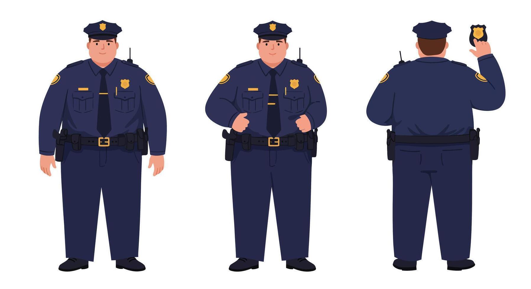 Police officer character design in flat style showcasing multiple poses illustration vector