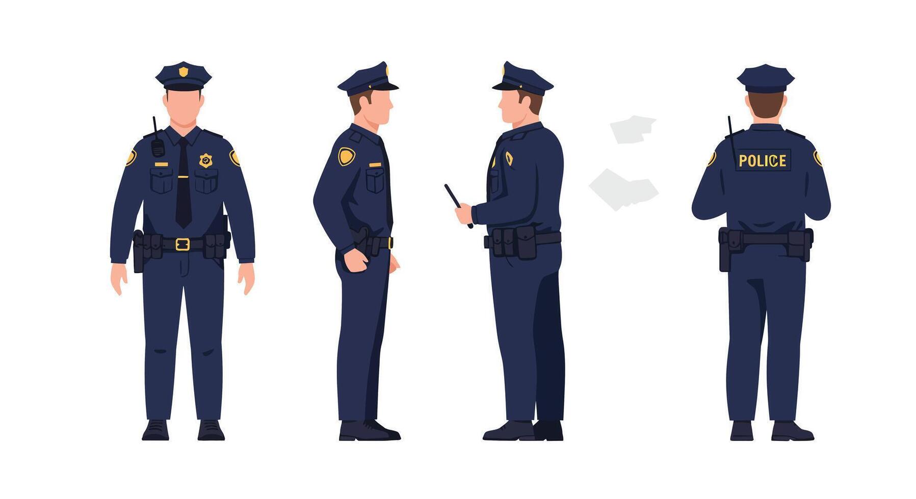 Police officer character design in flat style and showcasing different poses art vector