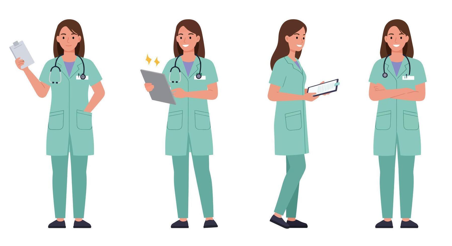 Medical professional in different poses showcasing flat design art vector