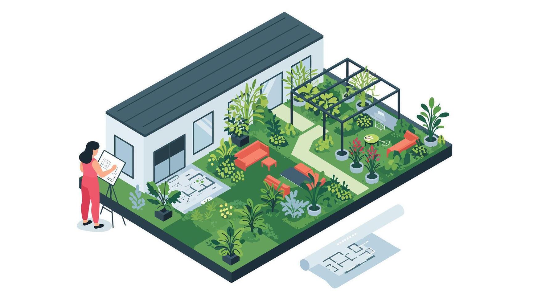Detailed garden design concept with a modern home in flat art vector