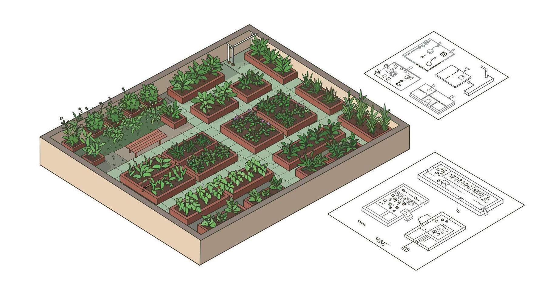 Detailed garden layout design in flat style showcasing planting changes in illustration vector
