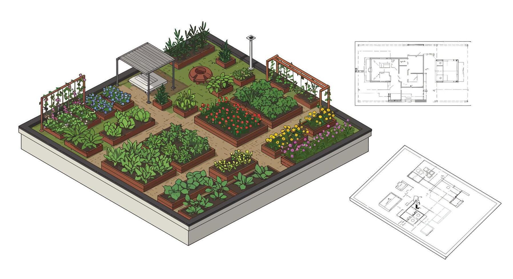 Detailed garden layout design in vibrant colors showcasing plants in flat art vector