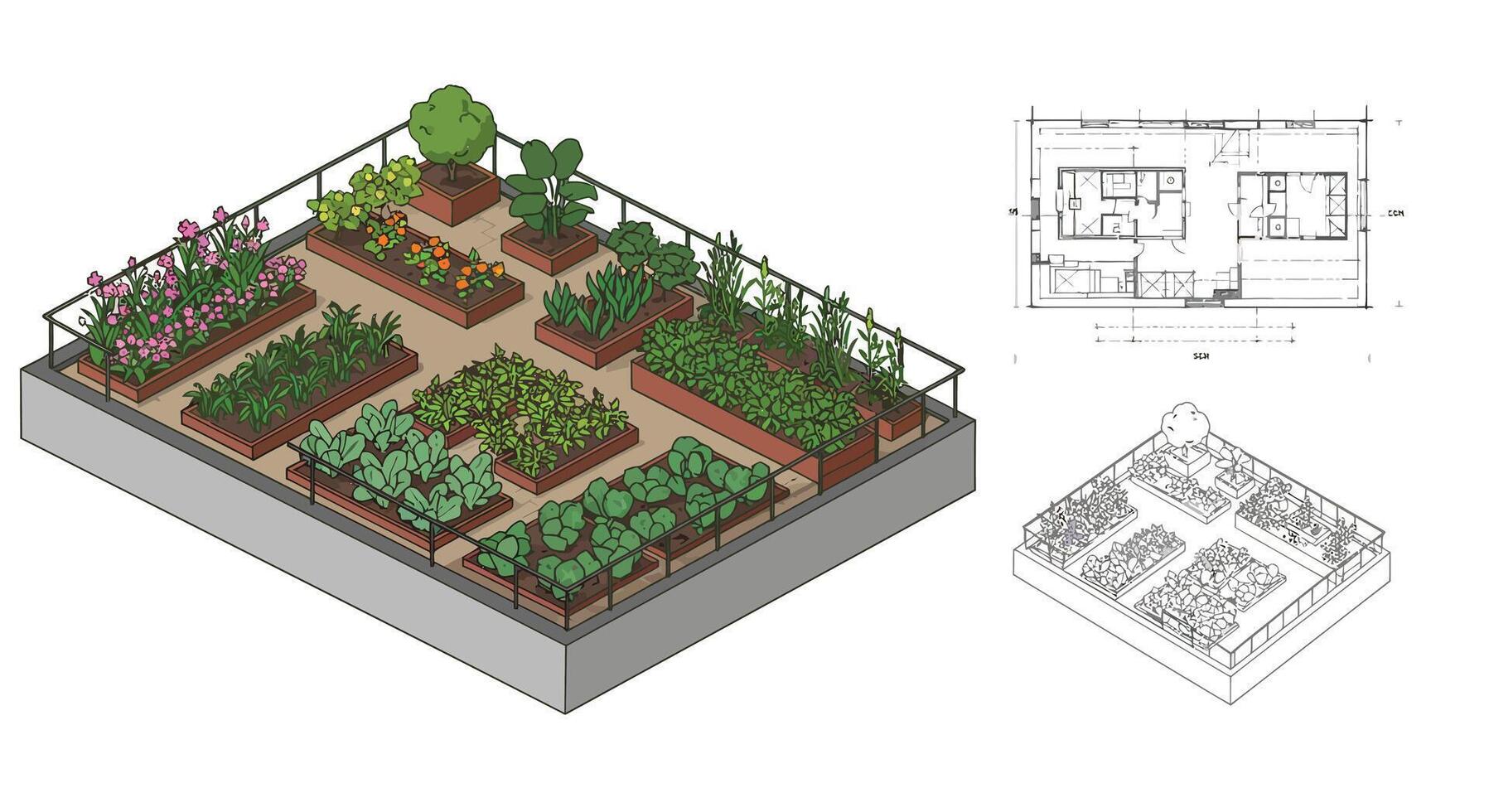 Detailed garden layout design featuring plants and vegetables in flat art vector
