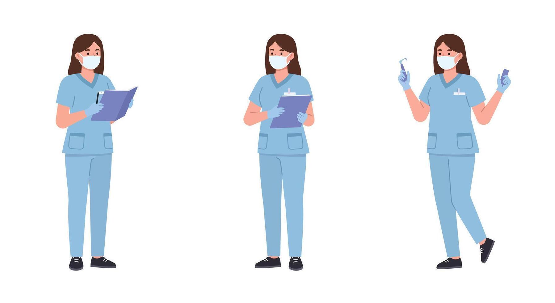 Medical professional in three poses demonstrating tasks in flat illustration style vector