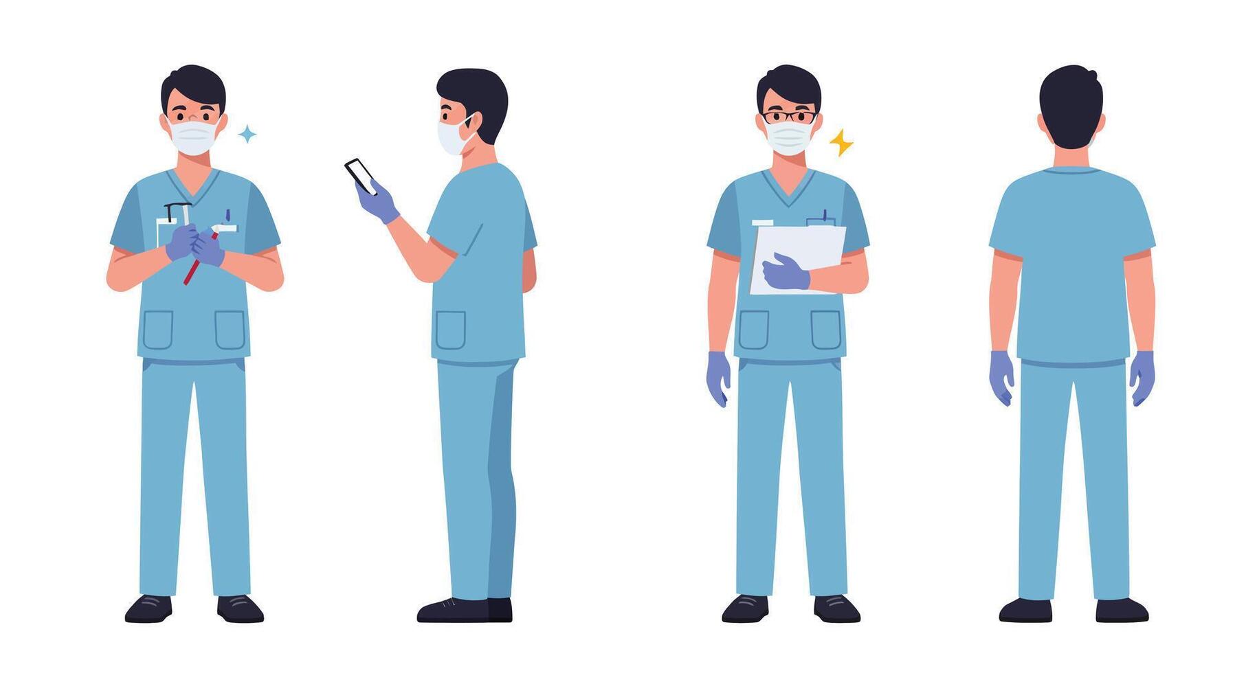 Medical professional in scrubs with tools in flat art and engaging poses illustration vector