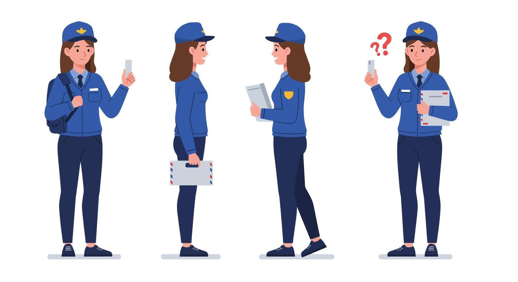Female police officer character in flat design art with various poses and expressions in illustration vector