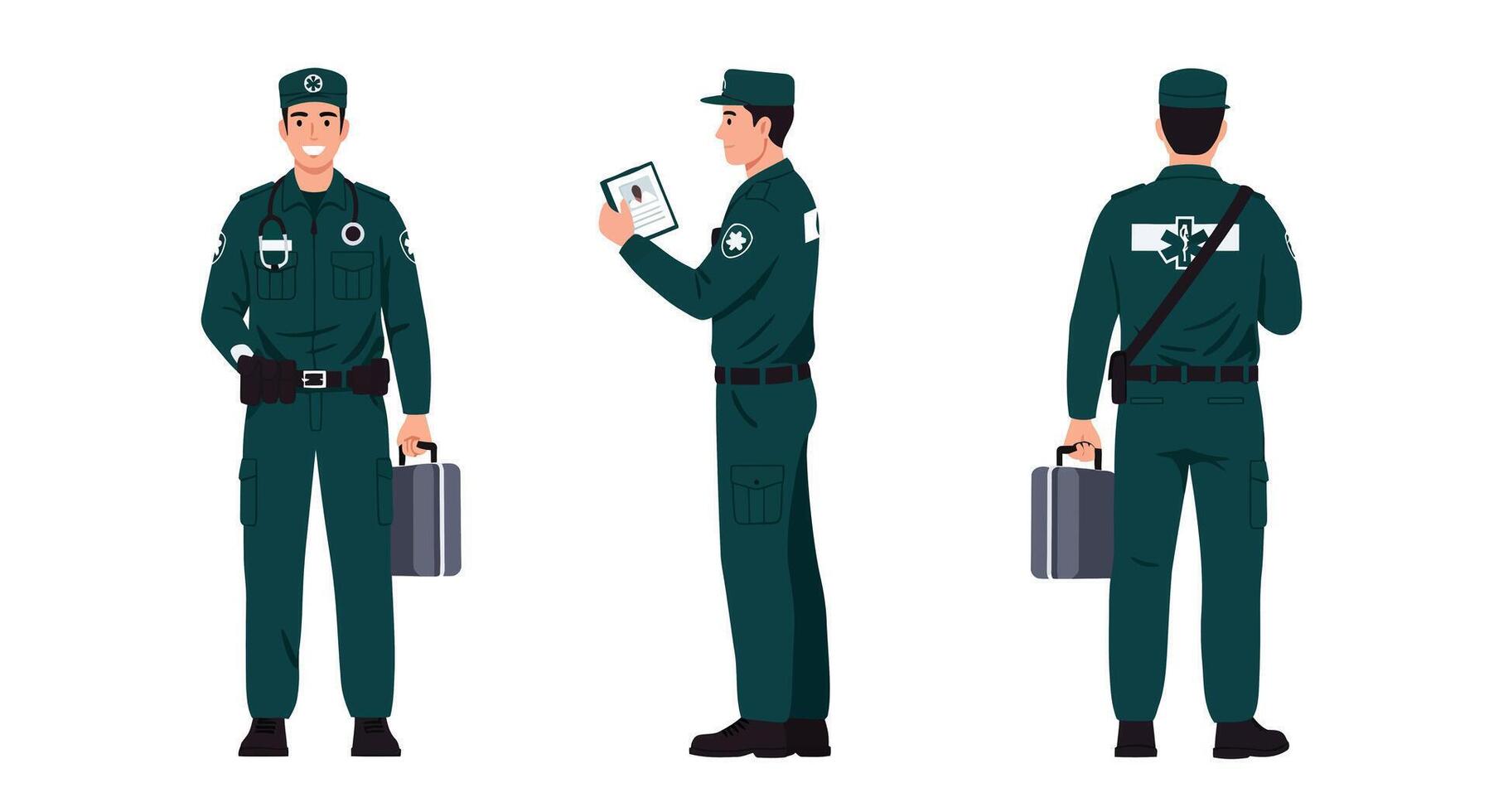 Security officer in uniform transitions from standing to checking device in flat illustration vector